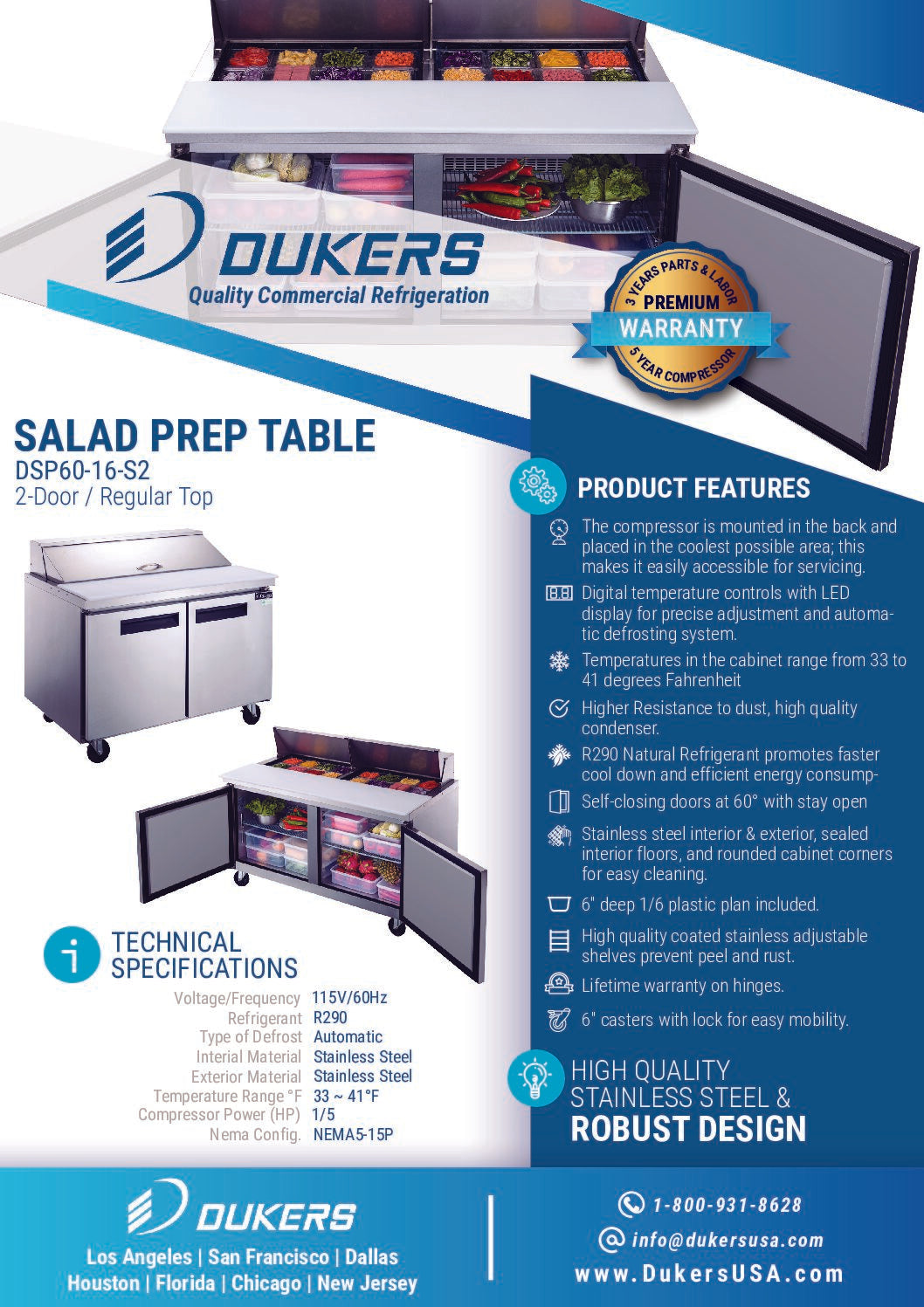 New Dukers DSP60-16-S2 2-Door Commercial Food Prep Table Refrigerated in Stainless Steel