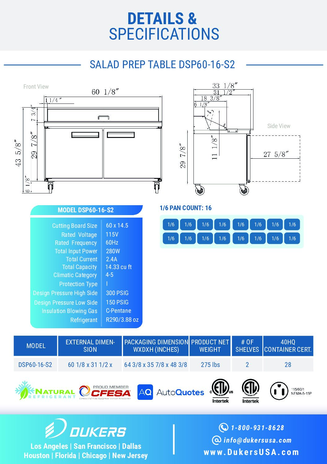 New Dukers DSP60-16-S2 2-Door Commercial Food Prep Table Refrigerated in Stainless Steel