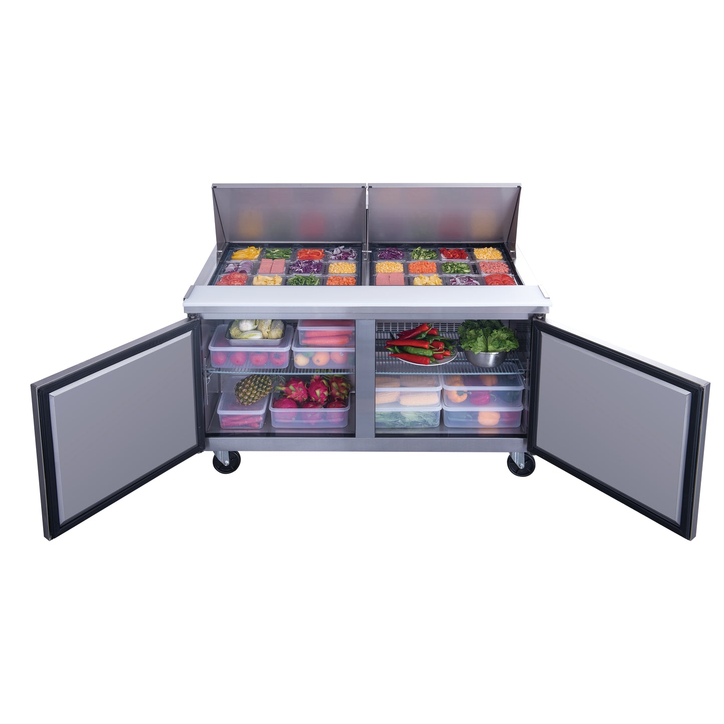 New Dukers DSP60-24M-S2 2-Door Commercial Food Prep Table Refrigerated in Stainless Steel with Mega Top