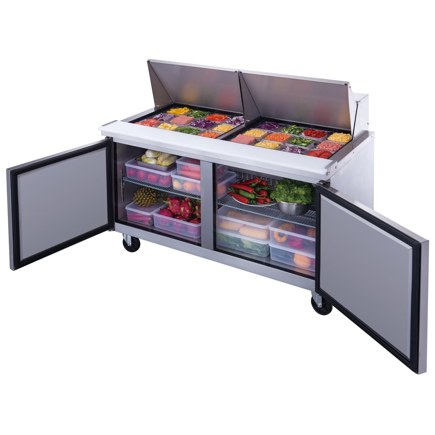 New Dukers DSP60-24M-S2 2-Door Commercial Food Prep Table Refrigerated in Stainless Steel with Mega Top