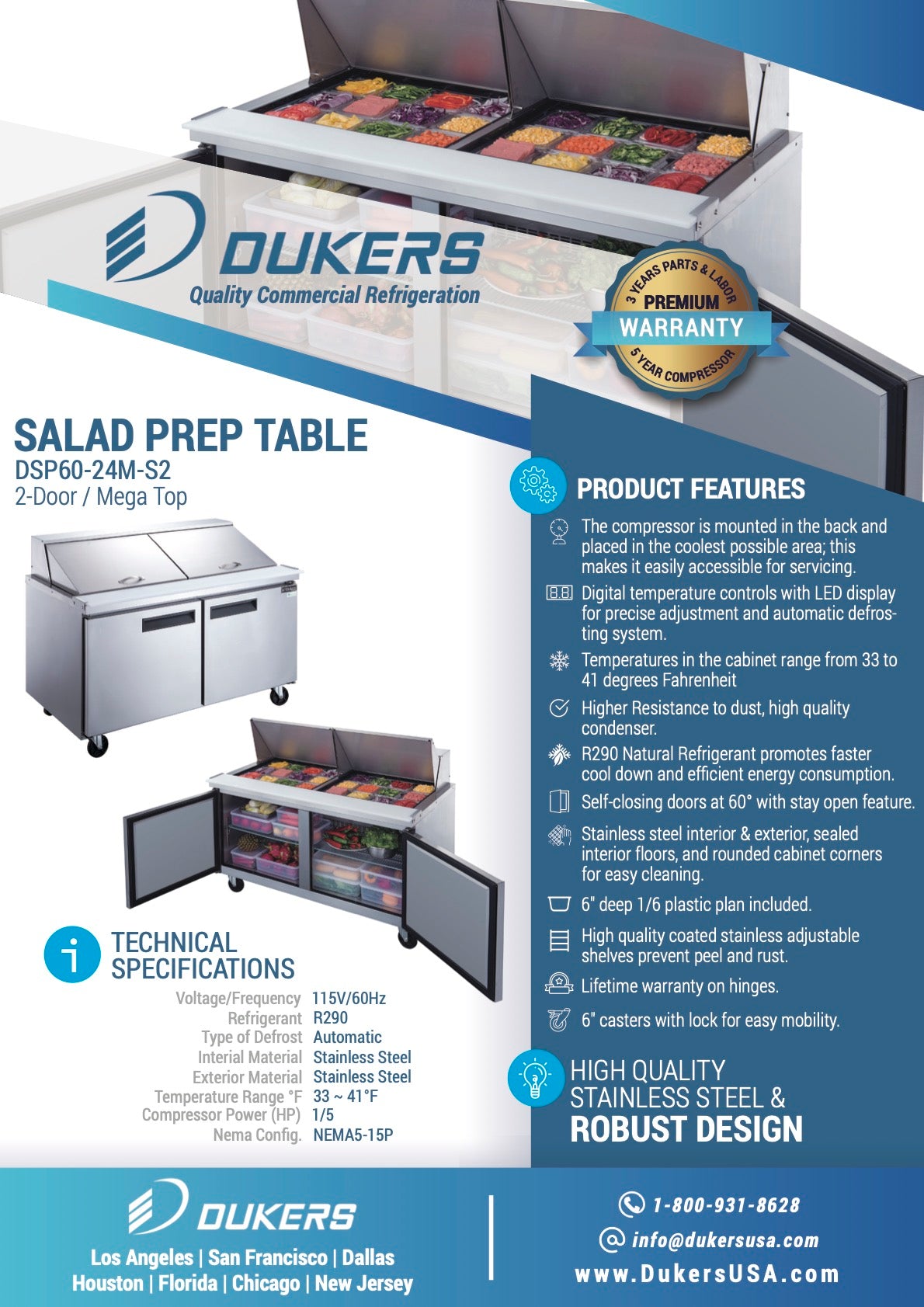 New Dukers DSP60-24M-S2 2-Door Commercial Food Prep Table Refrigerated in Stainless Steel with Mega Top