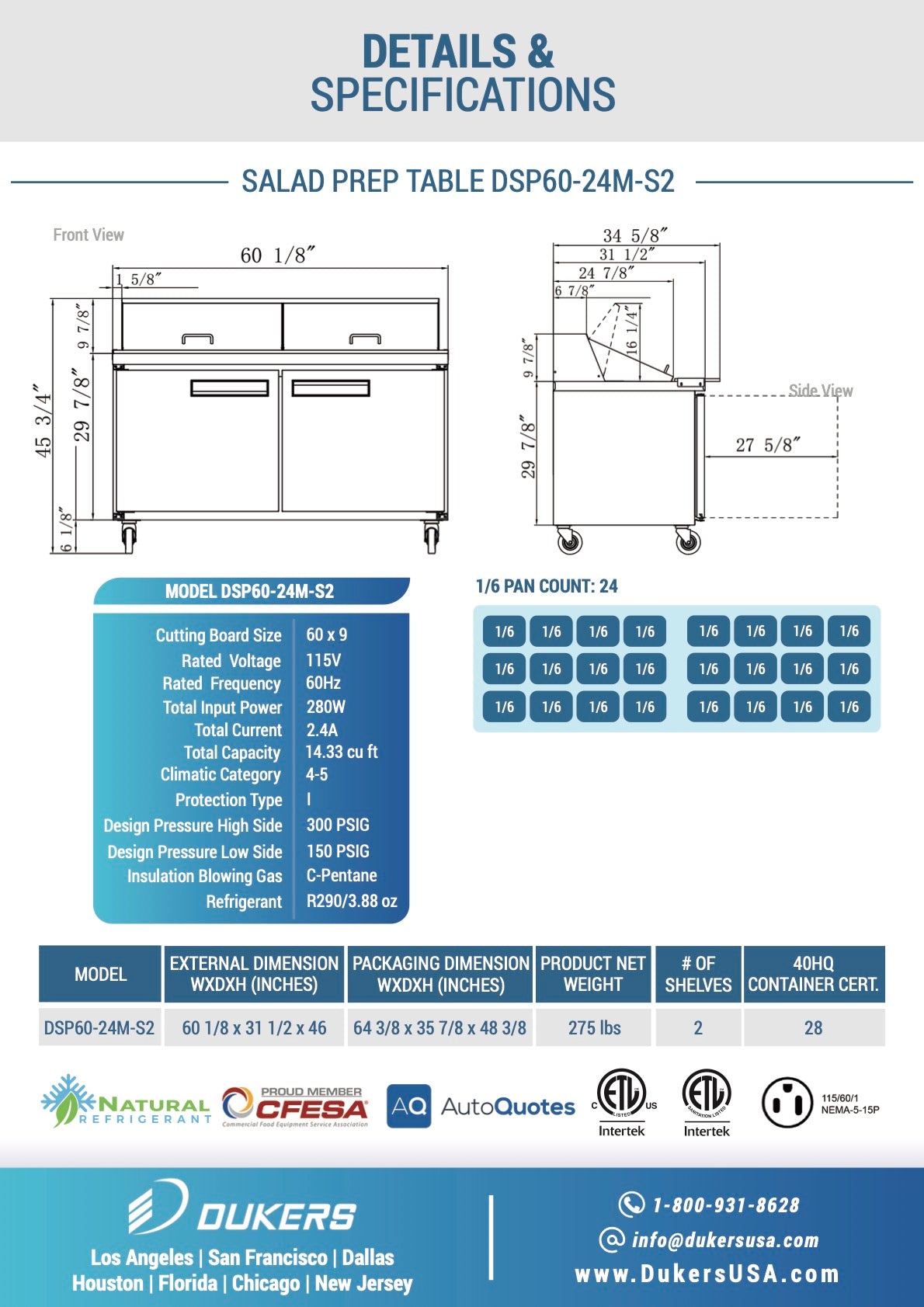 New Dukers DSP60-24M-S2 2-Door Commercial Food Prep Table Refrigerated in Stainless Steel with Mega Top