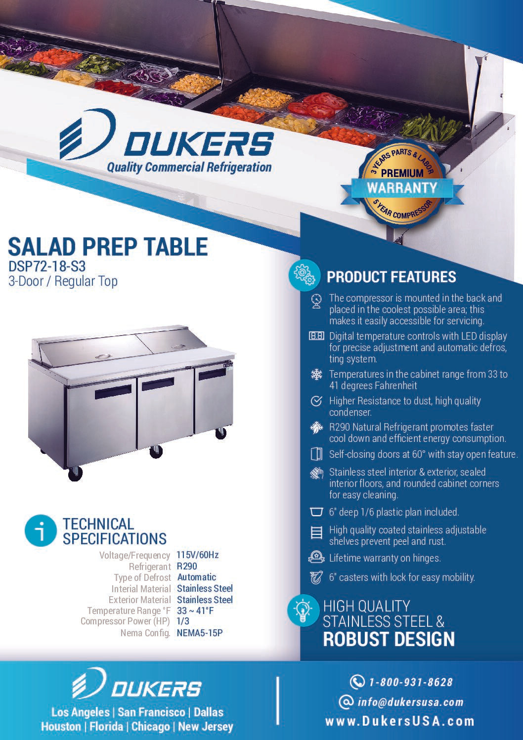 New Dukers DSP72-18-S3 3-Door Commercial Food Prep Table Refrigerated in Stainless Steel