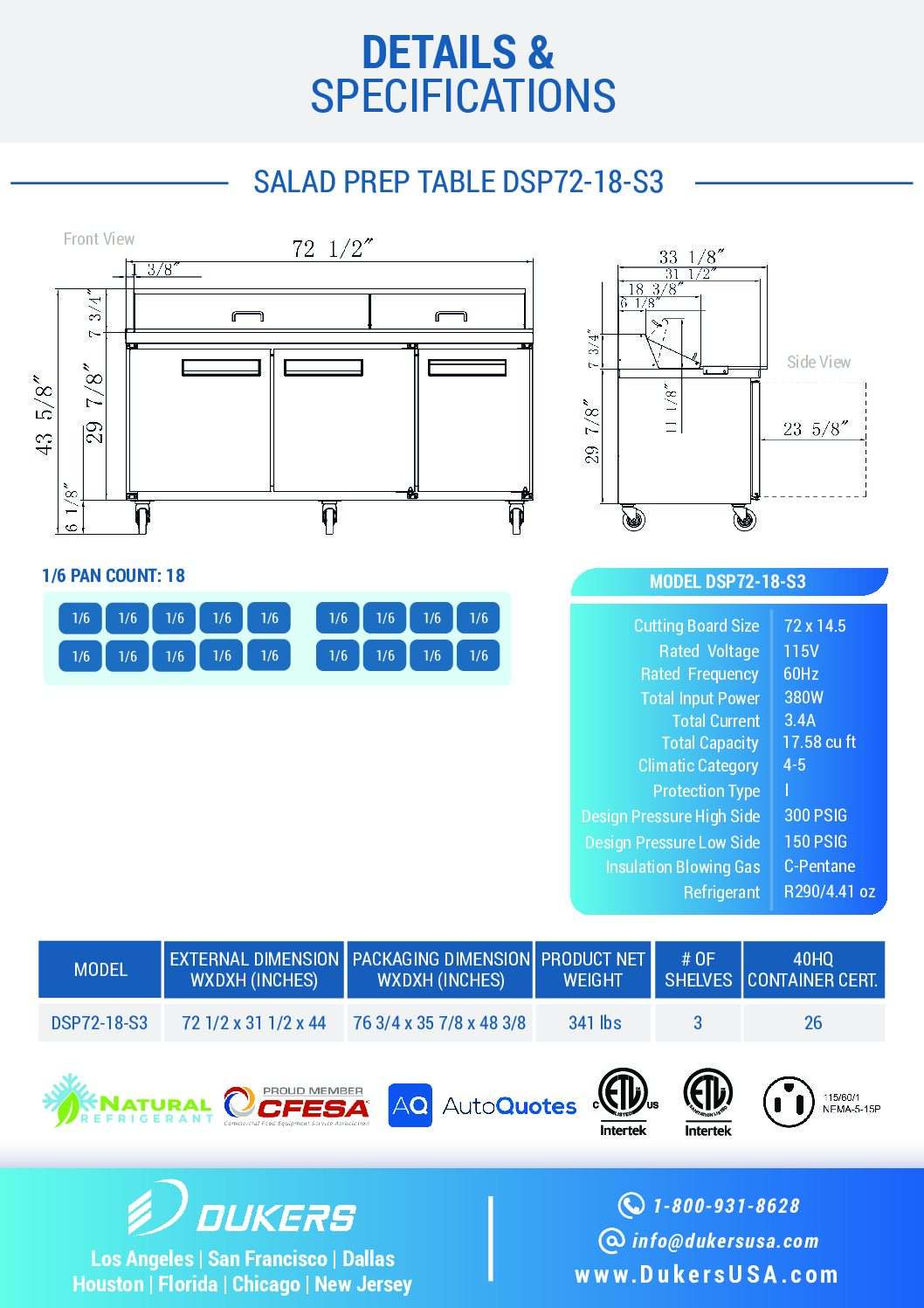 New Dukers DSP72-18-S3 3-Door Commercial Food Prep Table Refrigerated in Stainless Steel