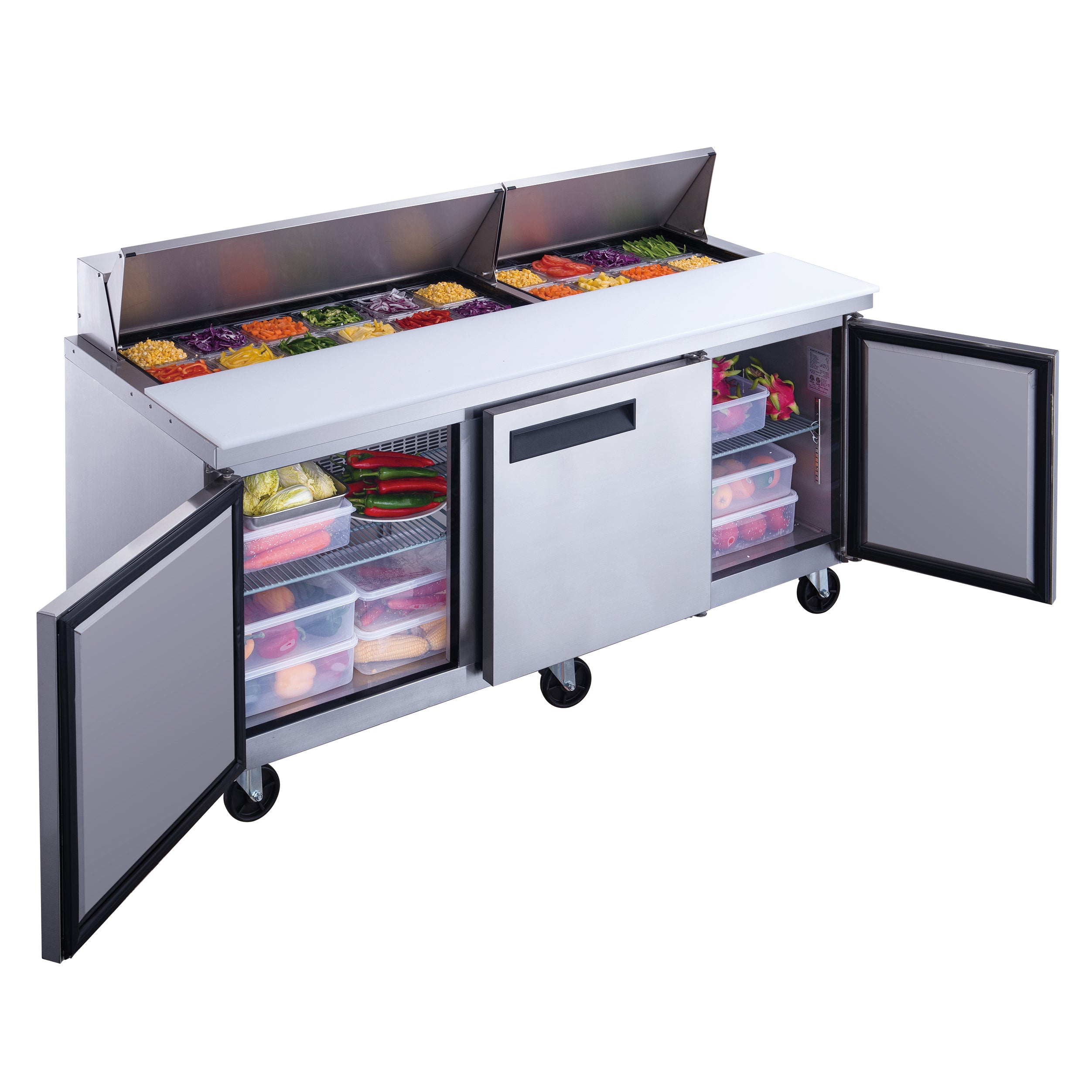 New Dukers DSP72-18-S3 3-Door Commercial Food Prep Table Refrigerated in Stainless Steel
