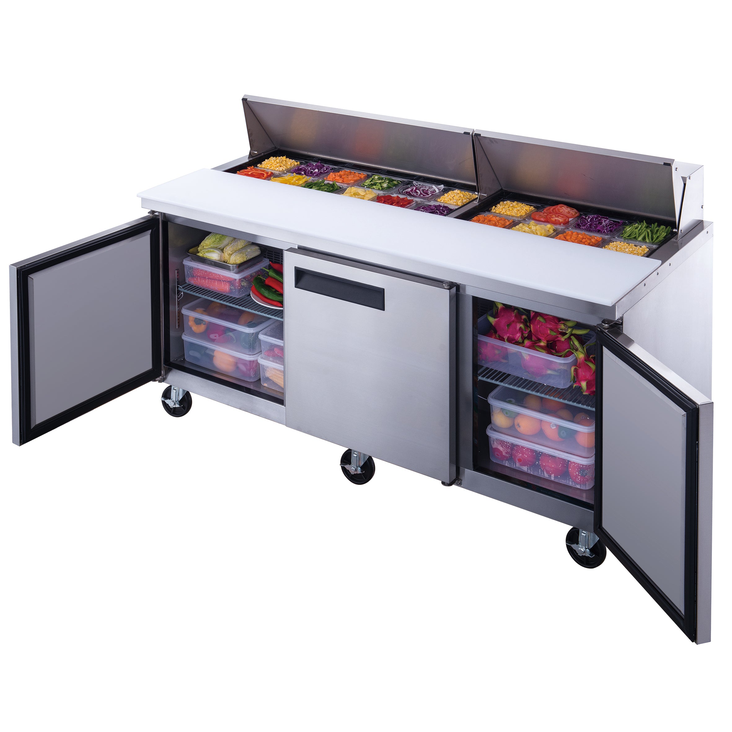 New Dukers DSP72-18-S3 3-Door Commercial Food Prep Table Refrigerated in Stainless Steel