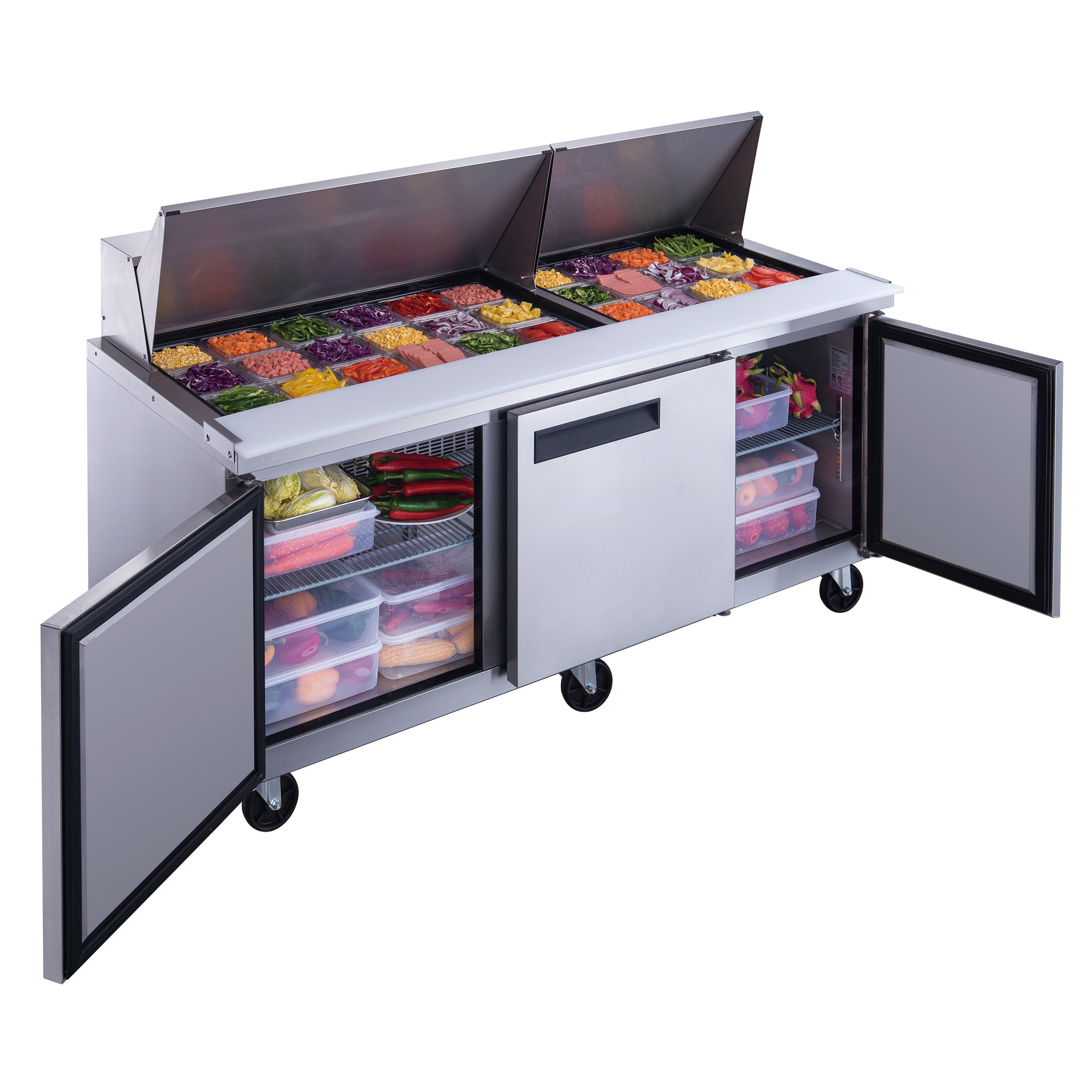 New Dukers DSP72-30M-S3 3-Door Commercial Food Prep Table Refrigerated in Stainless Steel with Mega Top