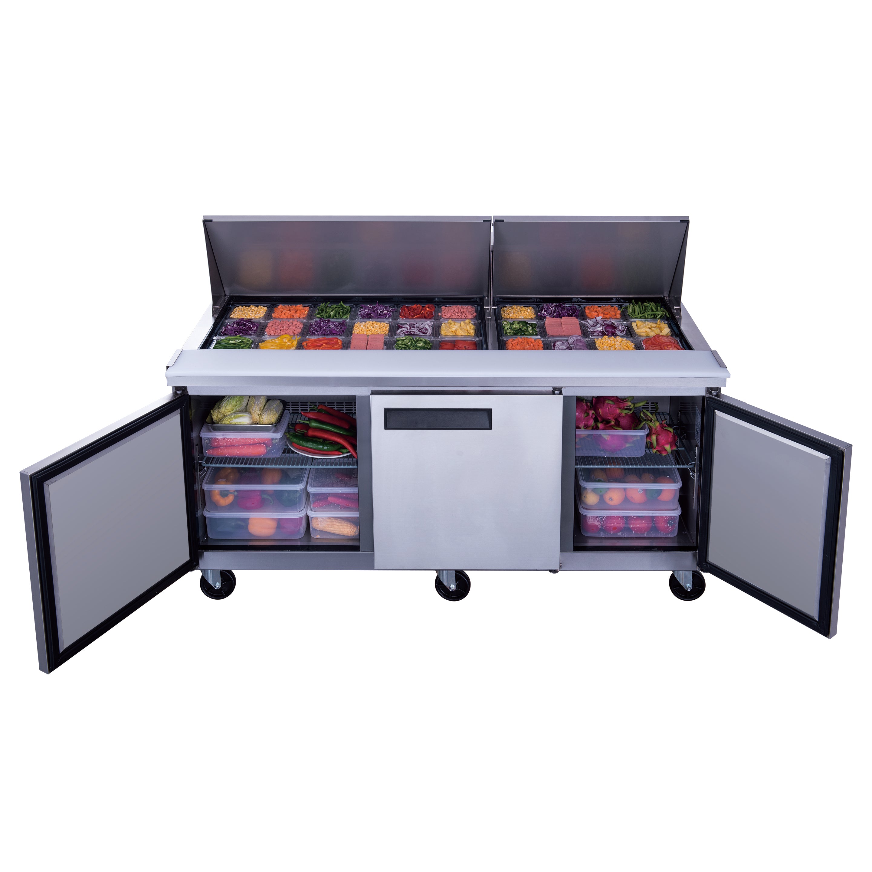 New Dukers DSP72-30M-S3 3-Door Commercial Food Prep Table Refrigerated in Stainless Steel with Mega Top