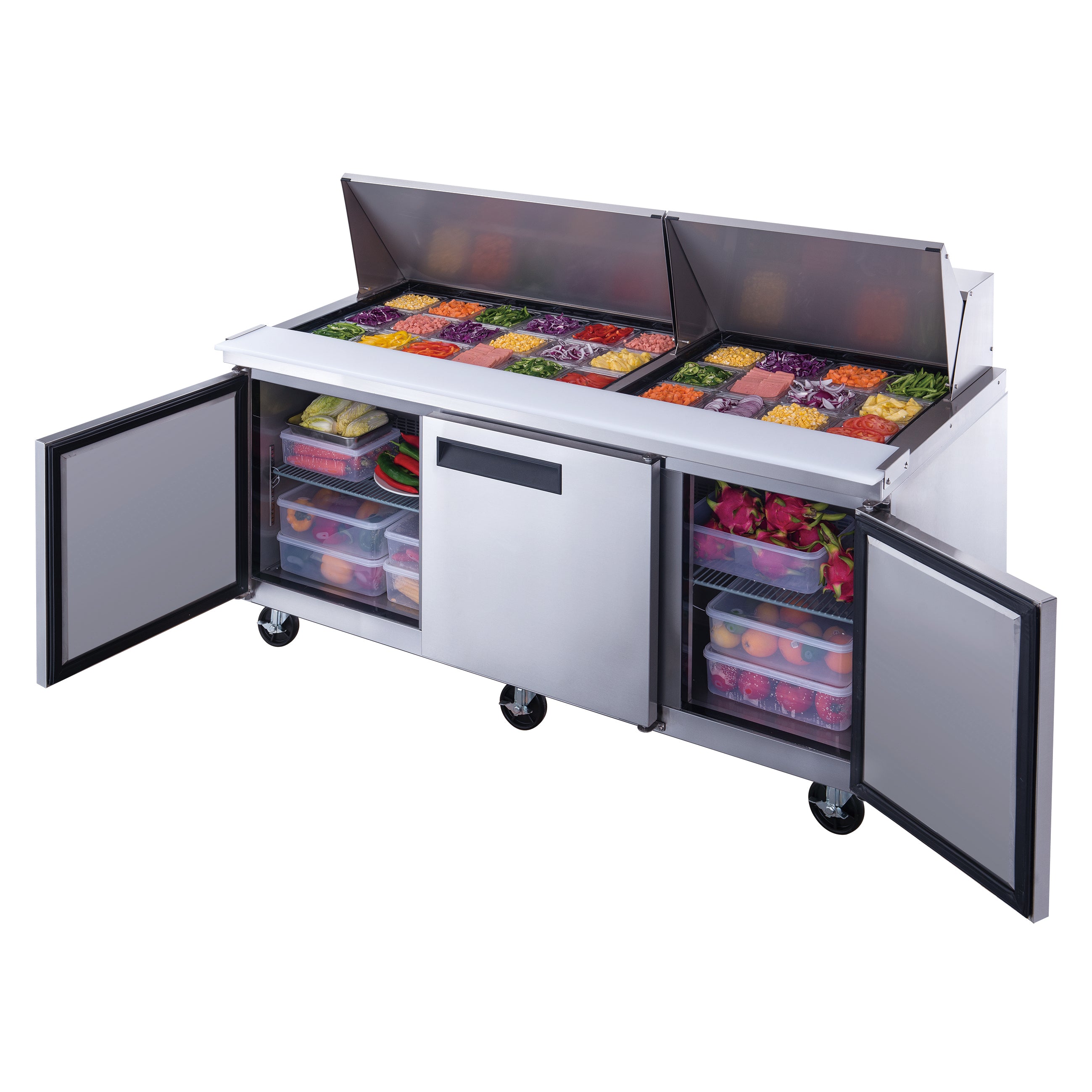 New Dukers DSP72-30M-S3 3-Door Commercial Food Prep Table Refrigerated in Stainless Steel with Mega Top