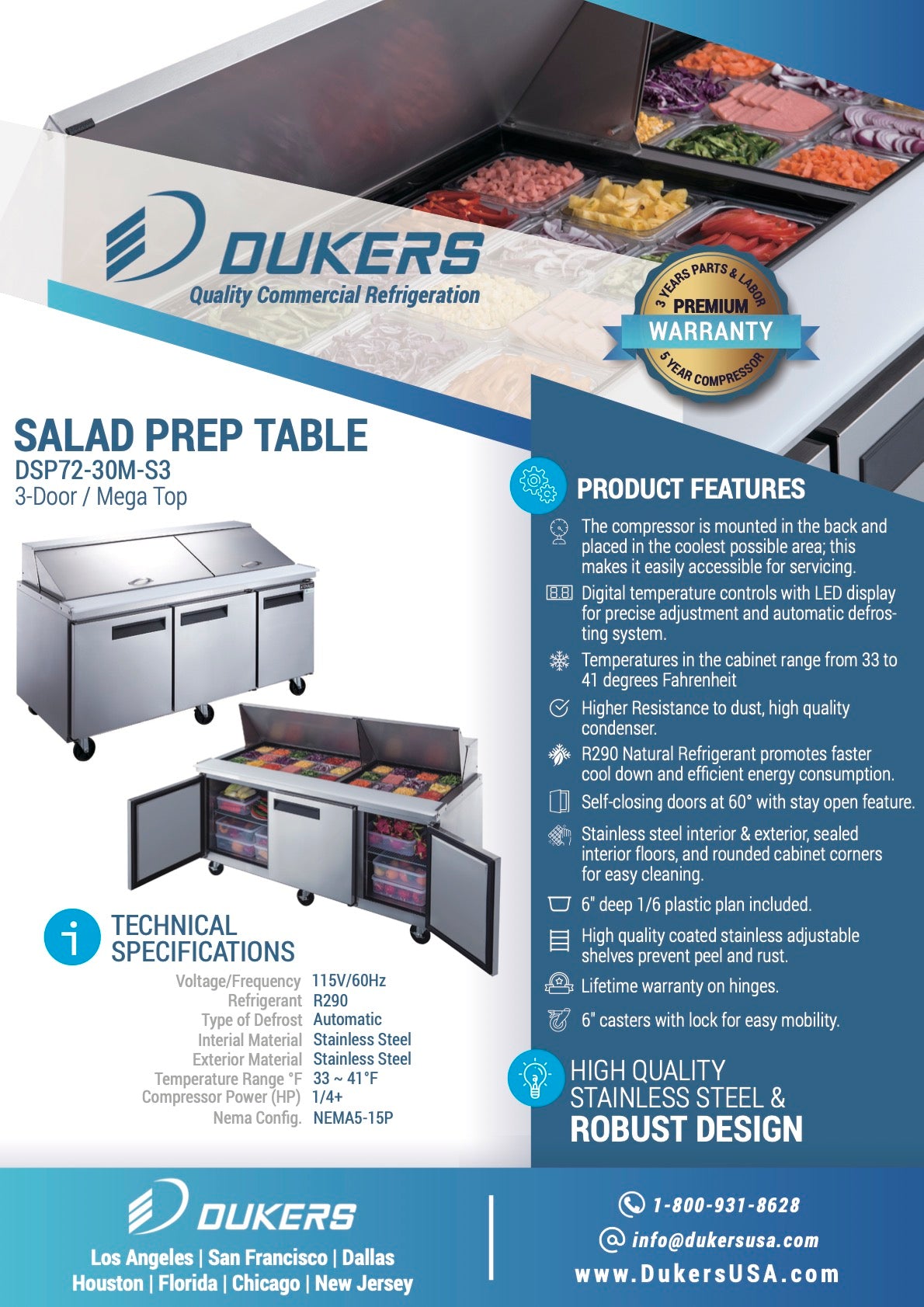 New Dukers DSP72-30M-S3 3-Door Commercial Food Prep Table Refrigerated in Stainless Steel with Mega Top