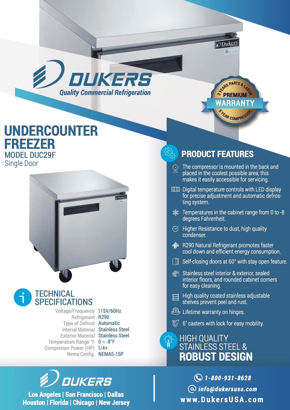New Dukers DUC29F Single Door Undercounter Freezer in Stainless Steel