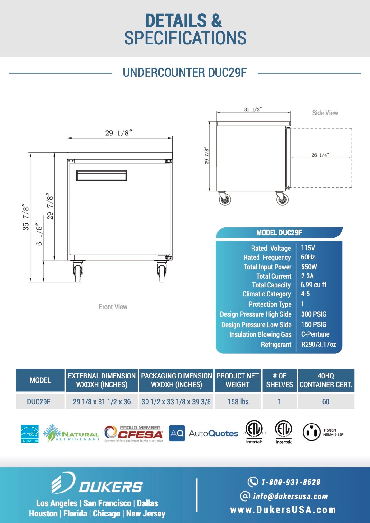 Dukers DUC29F Single Door Undercounter Freezer in Stainless Steel