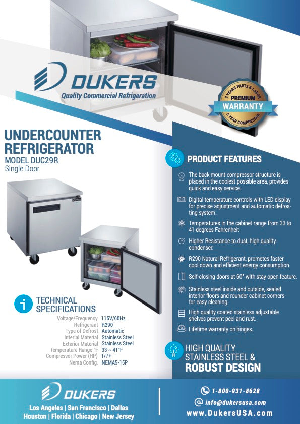 New Dukers DUC29R Single Door Undercounter Refrigerator in Stainless Steel