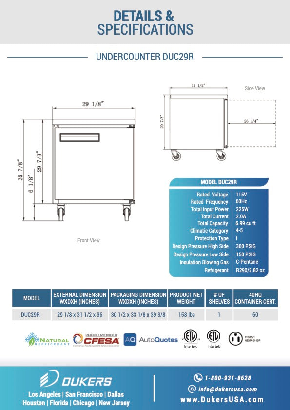 New Dukers DUC29R Single Door Undercounter Refrigerator in Stainless Steel
