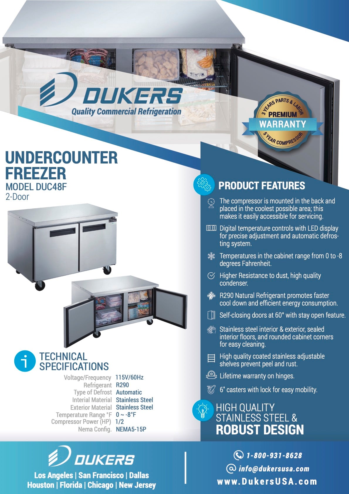New Dukers DUC48F 2-Door Undercounter Freezer in Stainless Steel