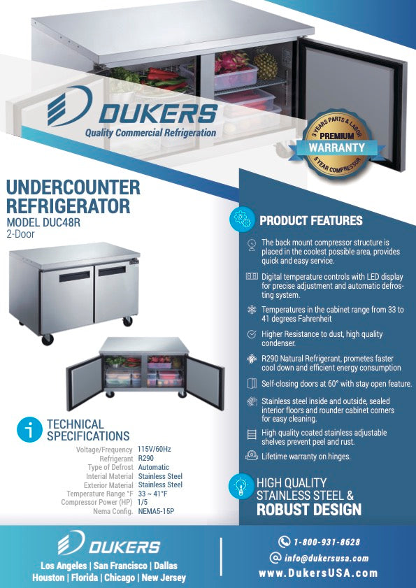 Dukers DUC48R 2-Door Undercounter Refrigerator in Stainless Steel