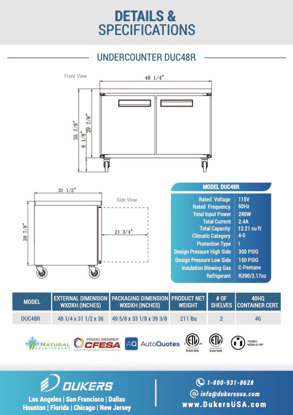 Dukers DUC48R 2-Door Undercounter Refrigerator in Stainless Steel