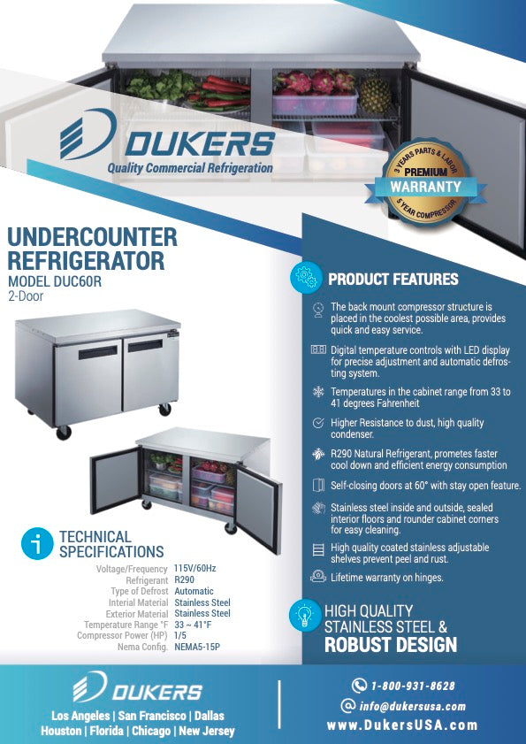 New Dukers DUC60R 2-Door Undercounter Commercial Refrigerator in Stainless Steel