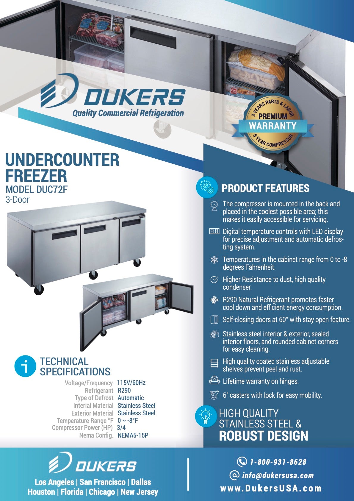 New Dukers DUC72F 3-Door Undercounter Commercial Freezer in Stainless Steel
