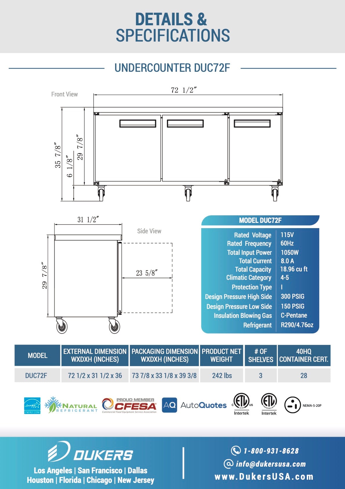 New Dukers DUC72F 3-Door Undercounter Commercial Freezer in Stainless Steel