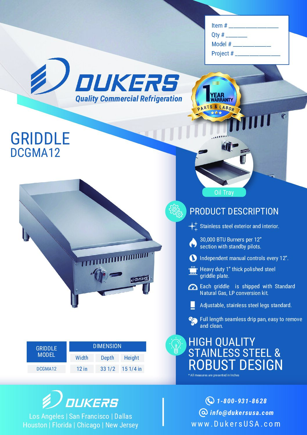 New Dukers DCGMA12 12 in. W Flat Top Griddle with 1 Burners