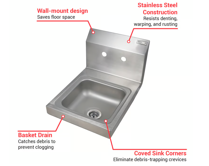 John Boos PBHS-W-0909 Wall Mount Commercial Hand Sink w/ 9"L x 9"W x 5"D Bowl, Basket Drain