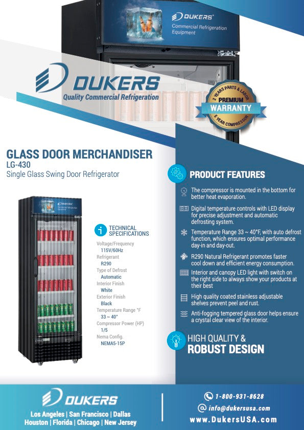 New Dukers LG-430 Commercial Single Swing Door Glass MerchandisIng Reach-in Cooler Refrigerator