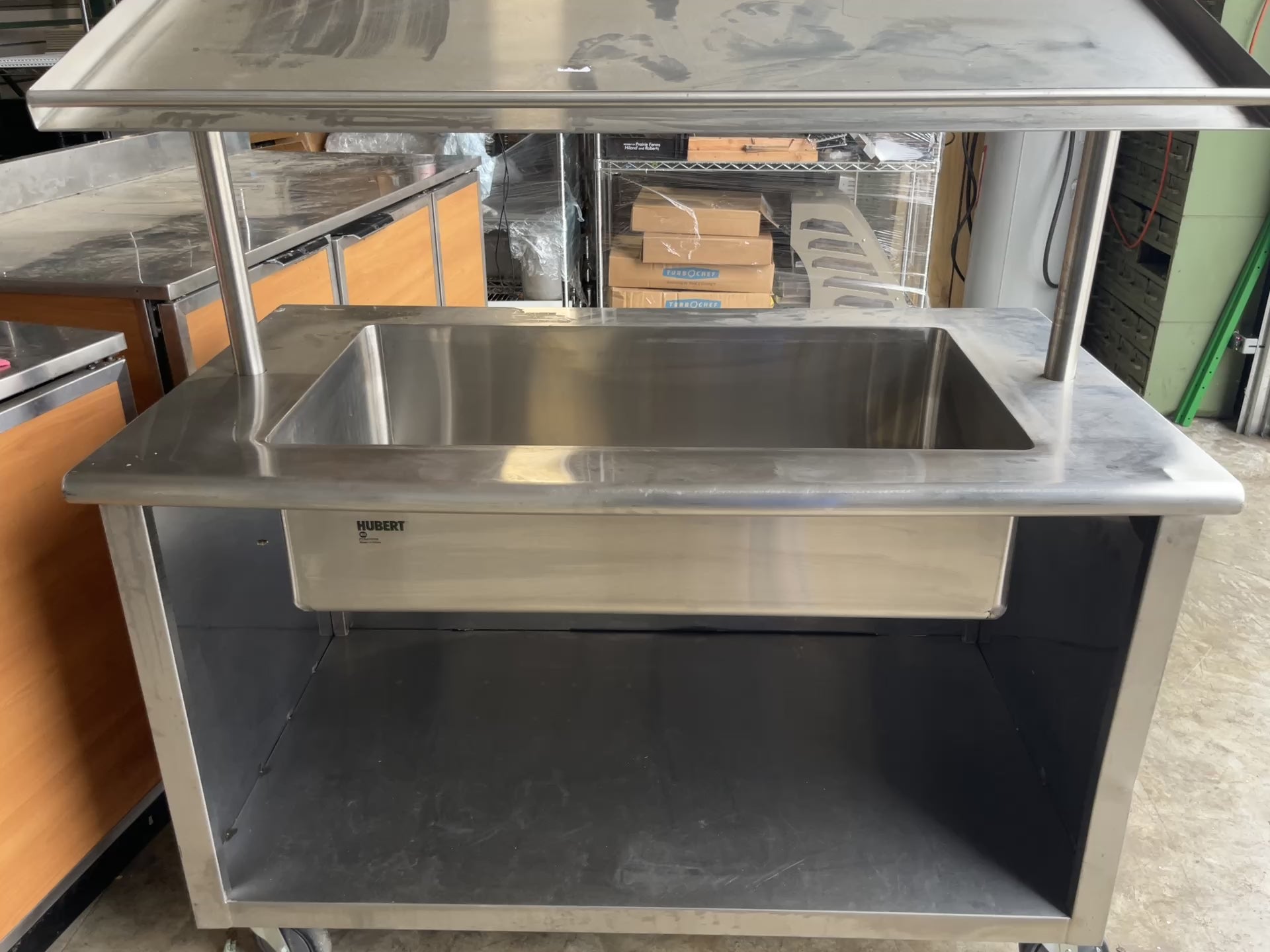 Load video: Used 52&quot; Hubert 76306 Stainless 3 Pan Mobile Ice Down Bar Food Service Cart - SS309