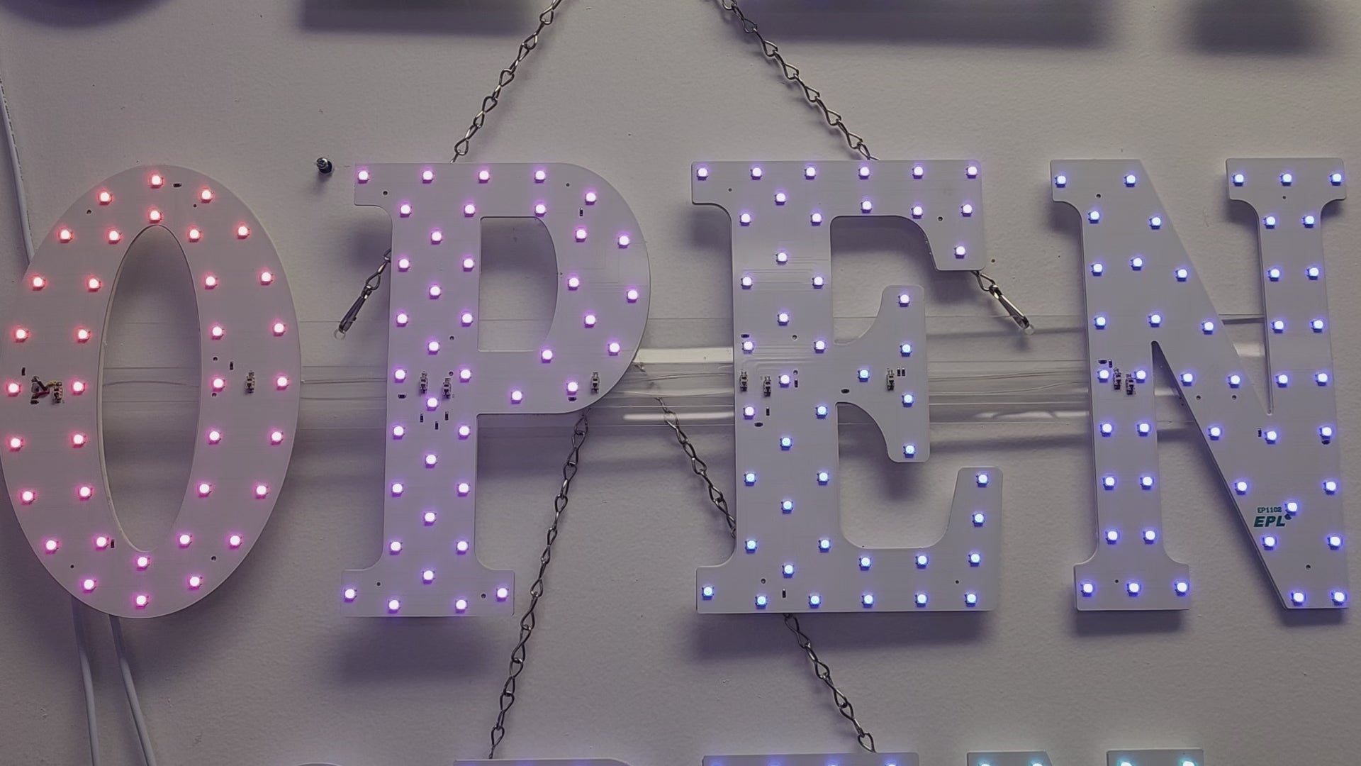 Load video: Small Open LED Sign, RGBW WAVE EFFECT, 10X30&quot;