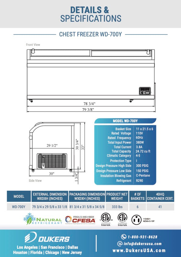 New Dukers WD-700Y Commercial Chest Freezer in White 72"