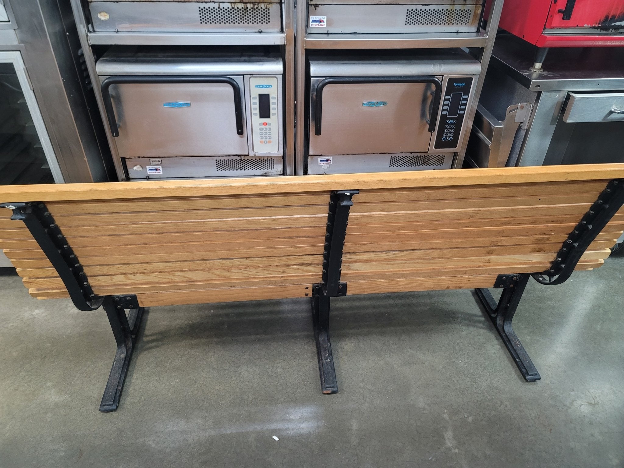 Used Vintage Falcon Cast Iron and Oak Slat Bench - 1950's? - Falcon Restaurant Supply - 5