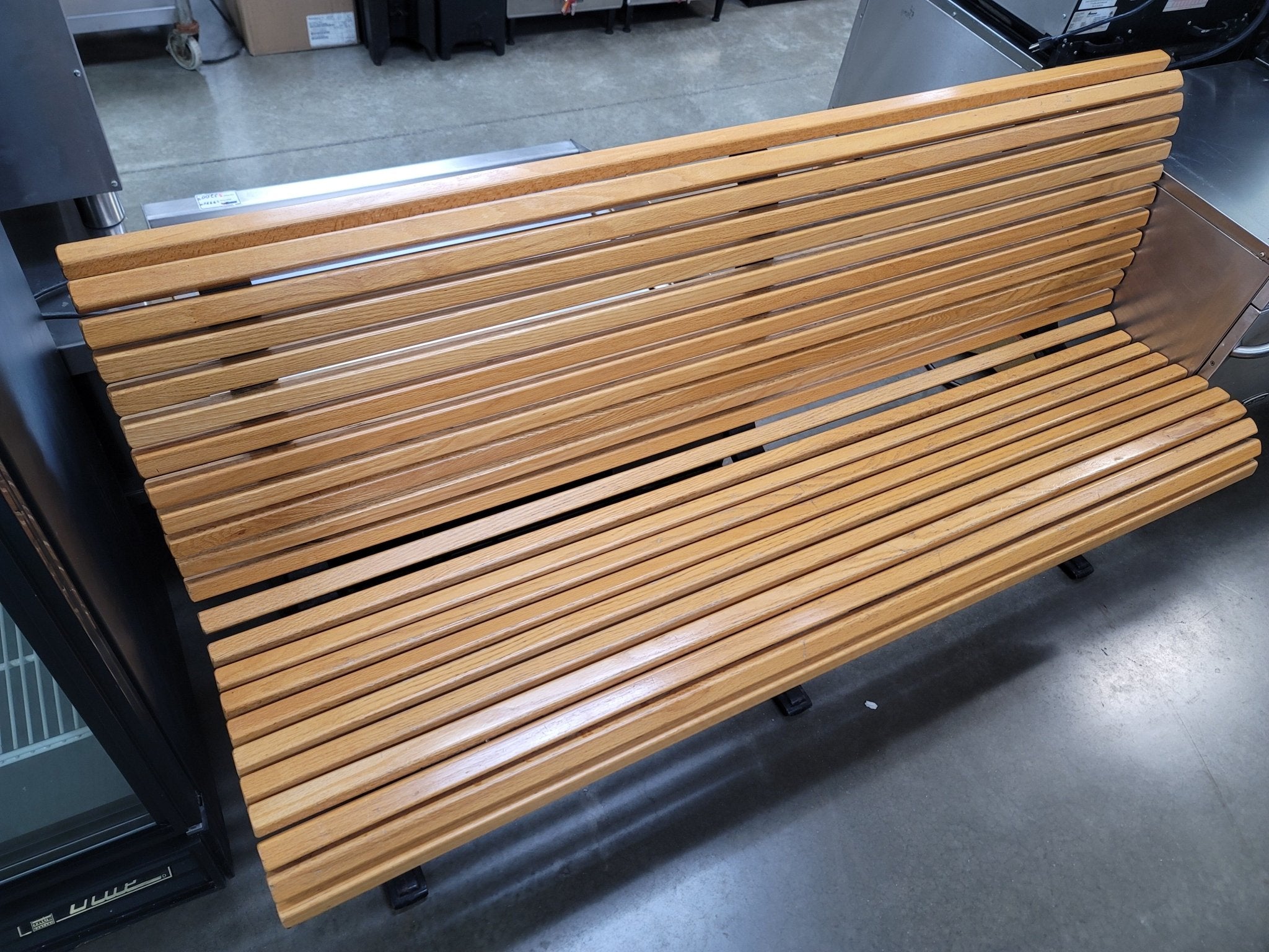 Used Vintage Falcon Cast Iron and Oak Slat Bench - 1950's? - Falcon Restaurant Supply - 1