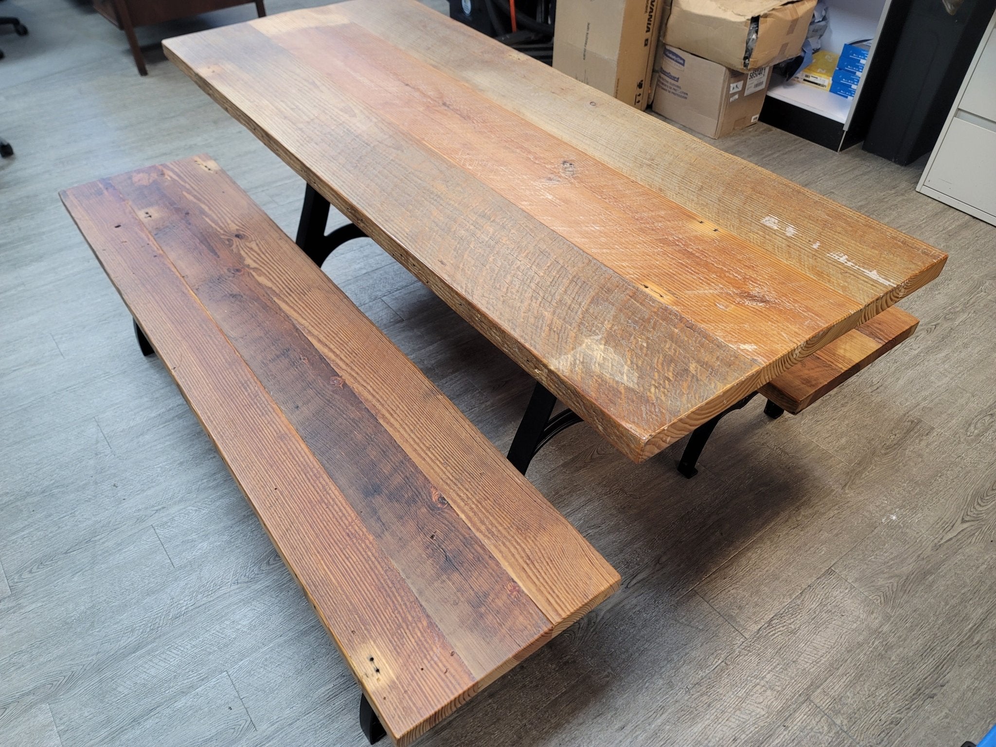 Used Beautiful Reclaimed Wood Table with 2 Benches - Pine - Falcon Restaurant Supply - 3