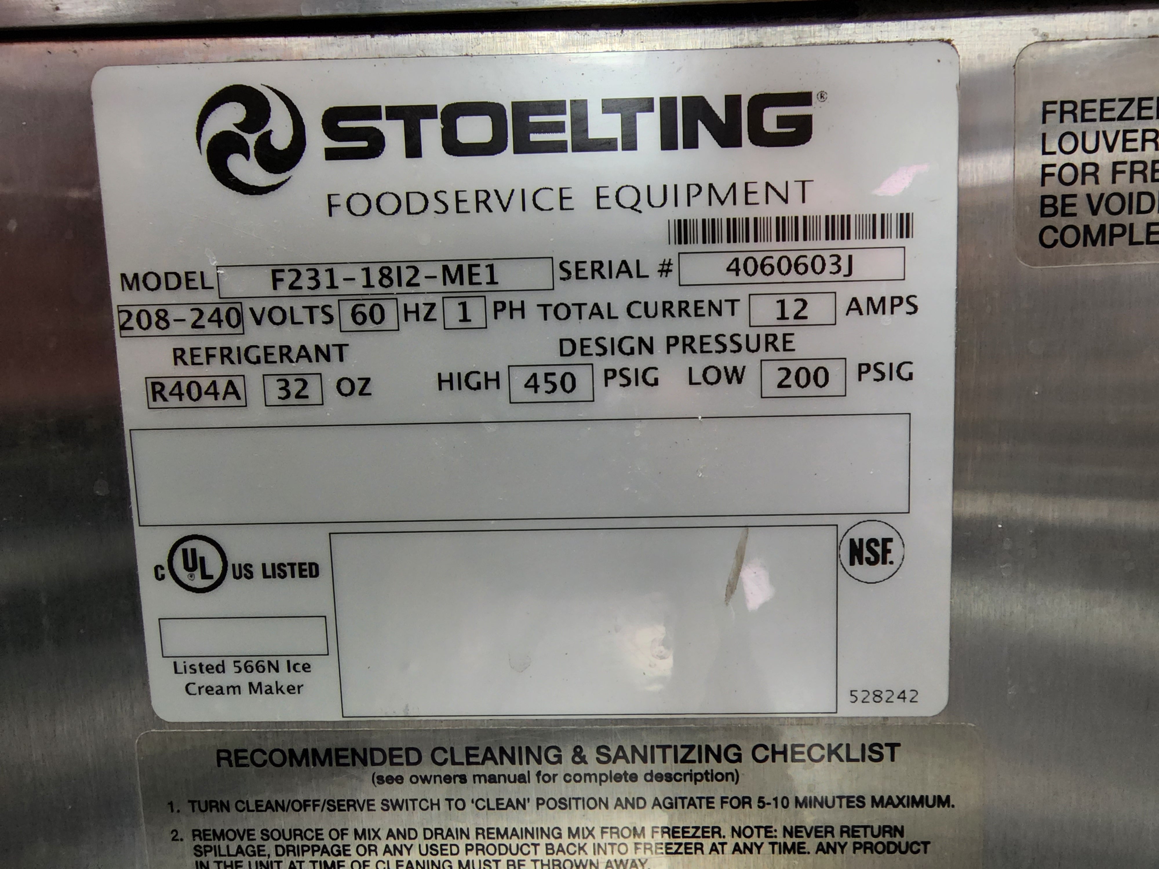 Used Stoelting F231-1812-ME1 Soft Serve Ice Cream Frozen Yogurt Machine As Is