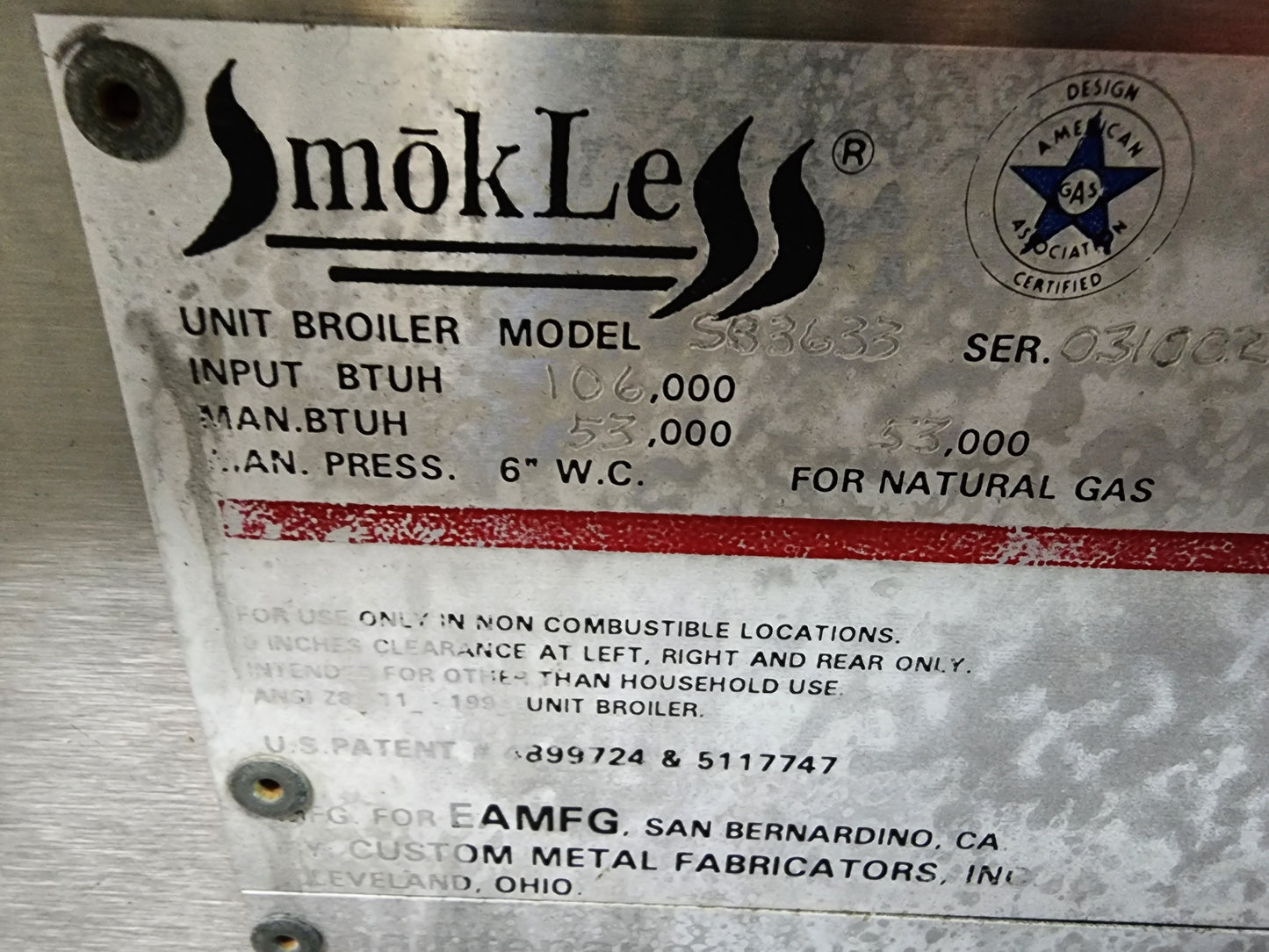 Used SmokLess SB3633 Charbroiler Chargrill Grill Natural Gas w/water hookup