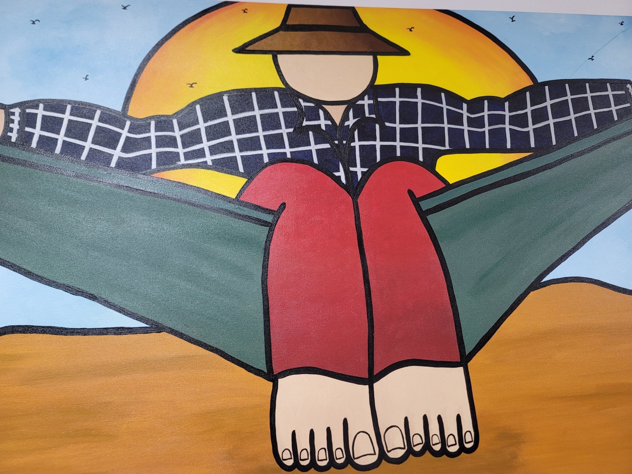 New Walmiru Original Faceless Painting on Canvas - Man in Hammock Rest 36" x 60" - Falcon Restaurant Supply - 1