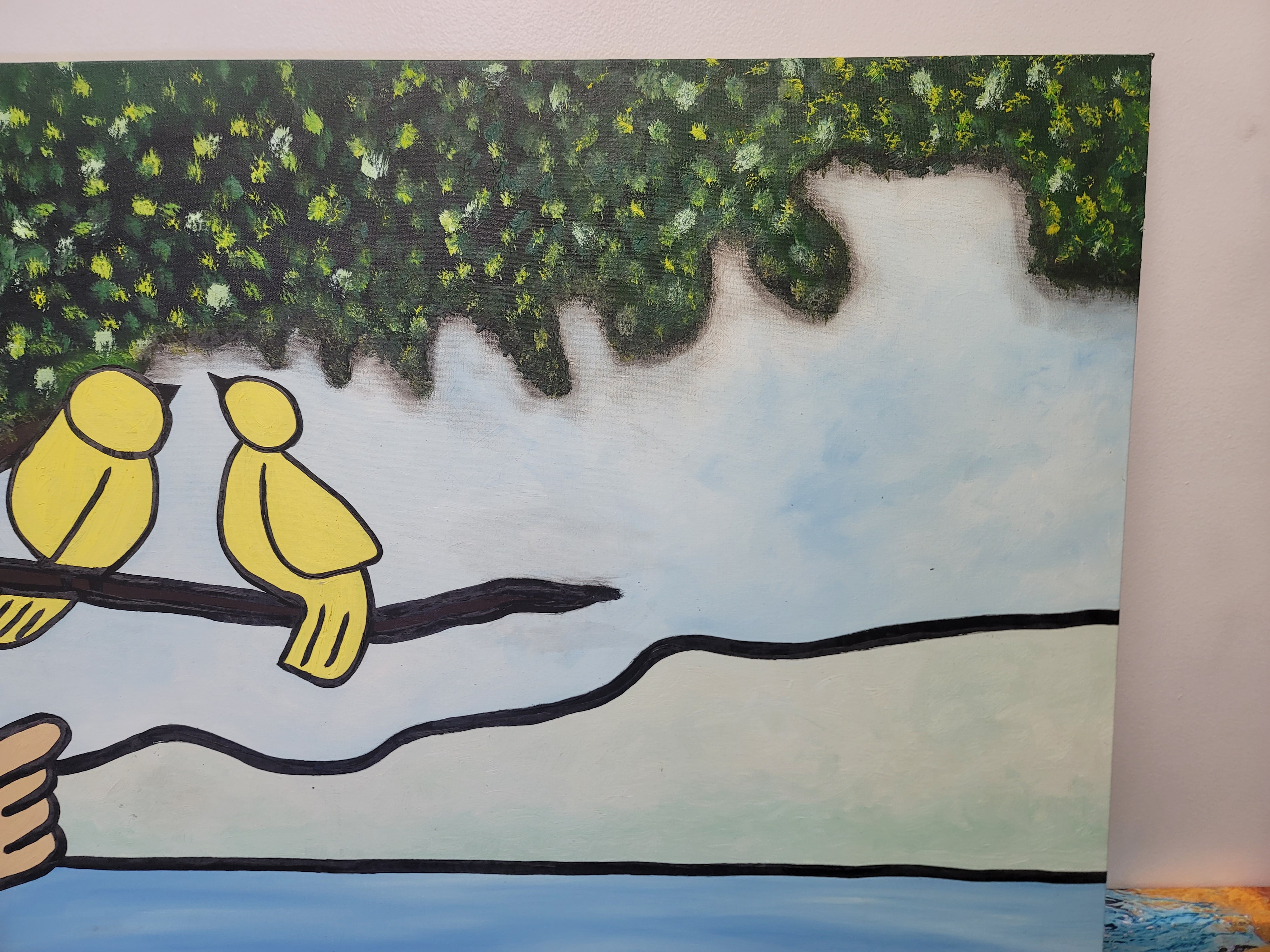 New Walmiru Original Faceless Painting on Canvas -  Girl Birds 36" x 60"