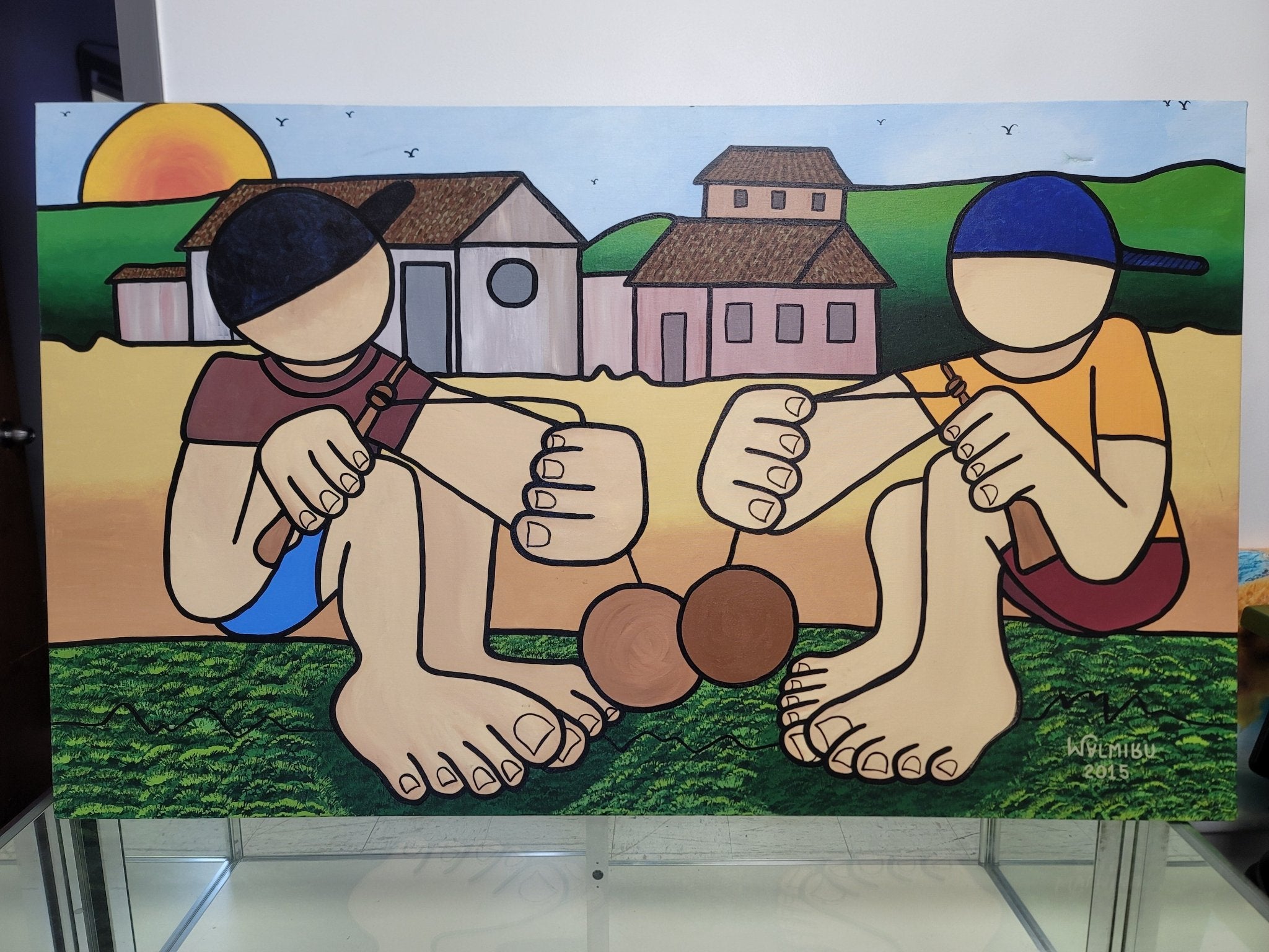 New Walmiru Original Faceless Painting on Canvas - Playing Bilboque 36" x 60" - Falcon Restaurant Supply - 1