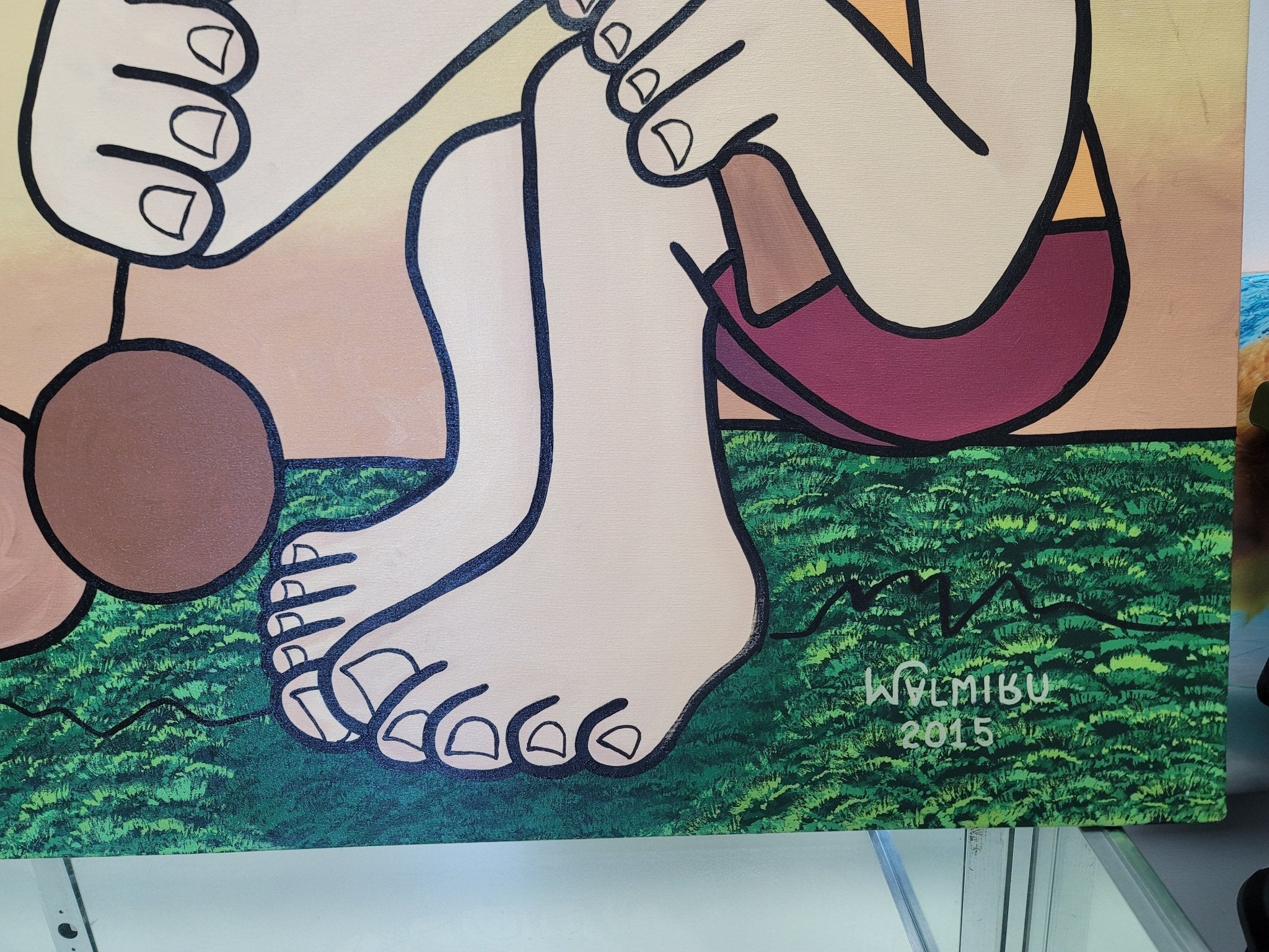 New Walmiru Original Faceless Painting on Canvas - Playing Bilboque 36" x 60" - Falcon Restaurant Supply - 9