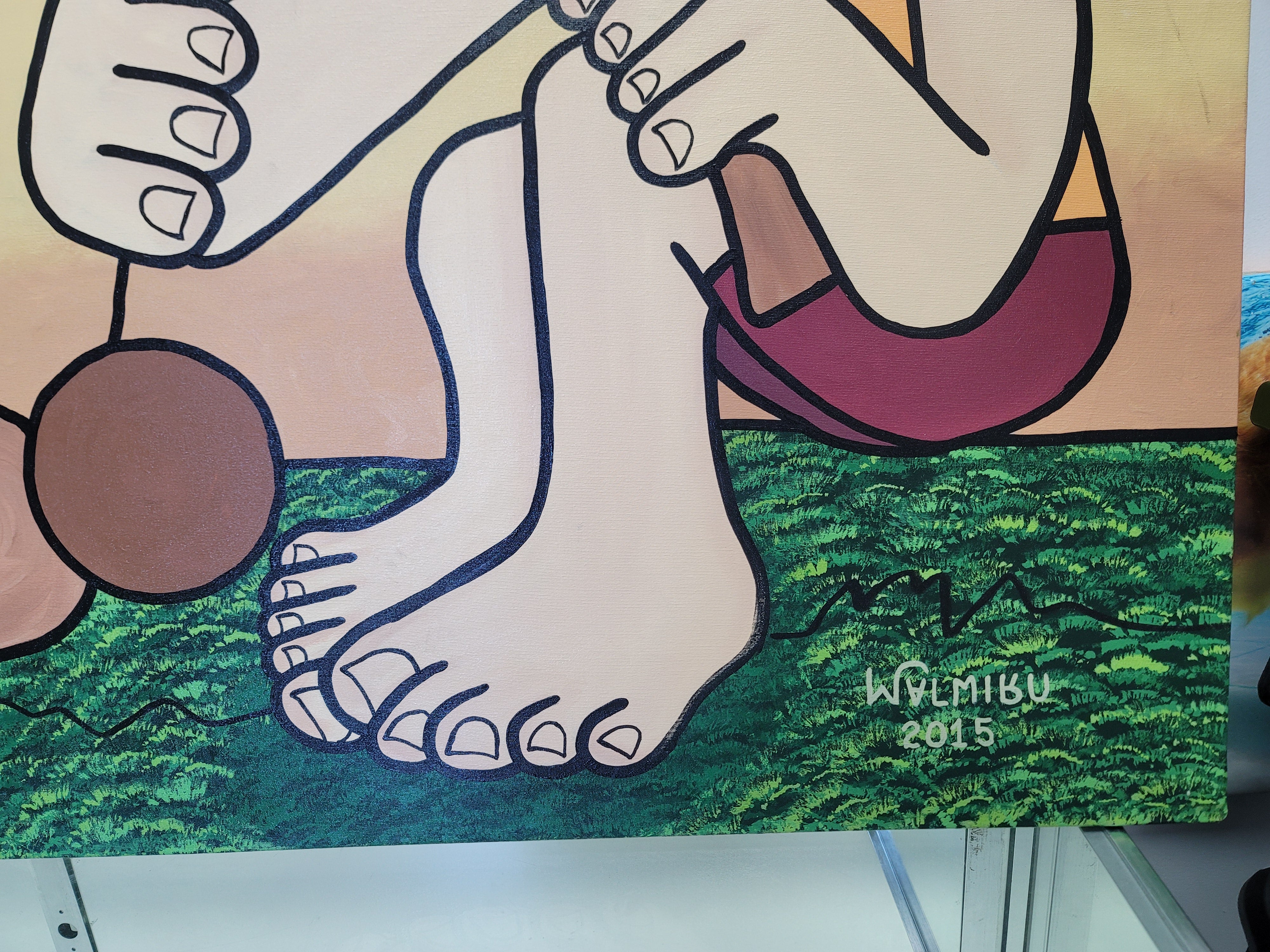 New Walmiru Original Faceless Painting on Canvas -  Playing Bilboque   36" x 60"