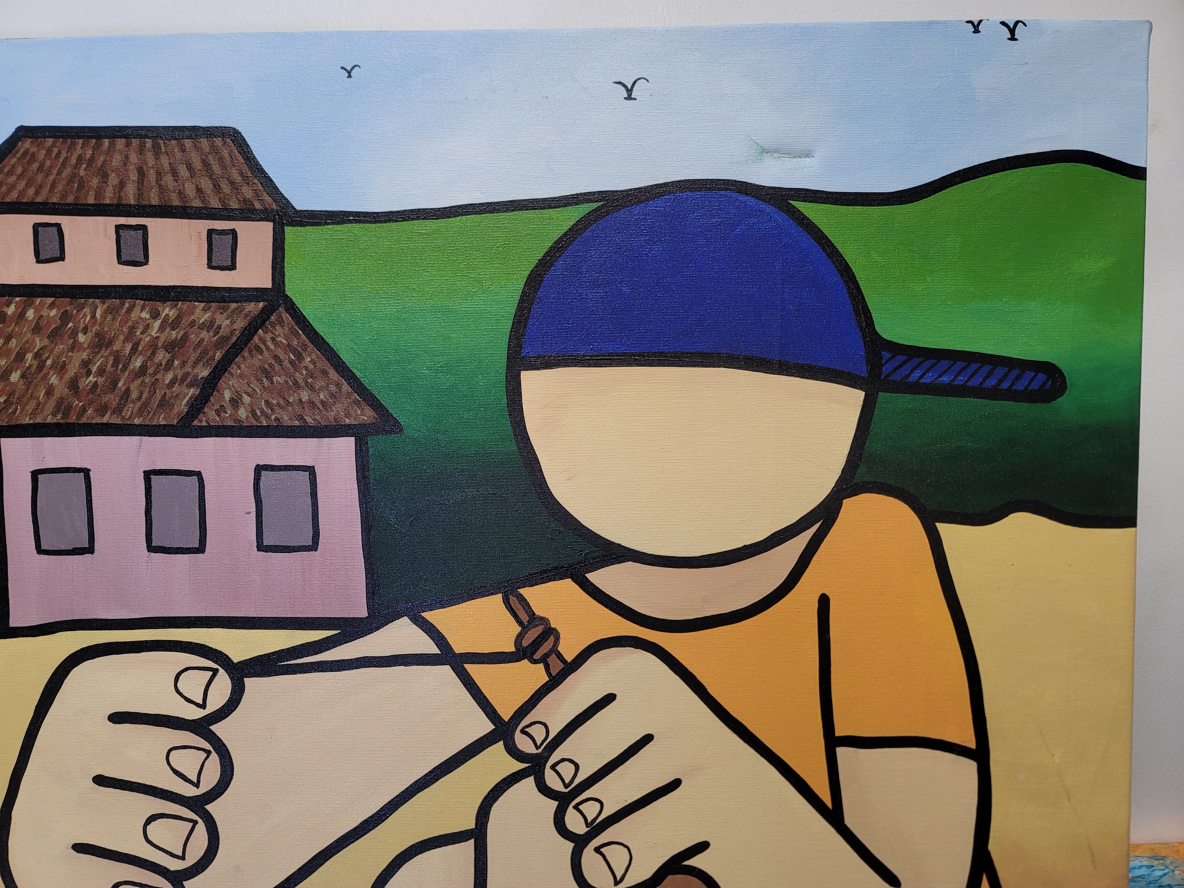 New Walmiru Original Faceless Painting on Canvas -  Playing Bilboque   36" x 60"