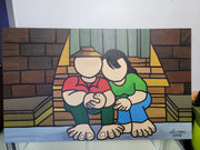 New Walmiru Original Faceless Painting on Canvas - Couple on Steps 36" x 60"