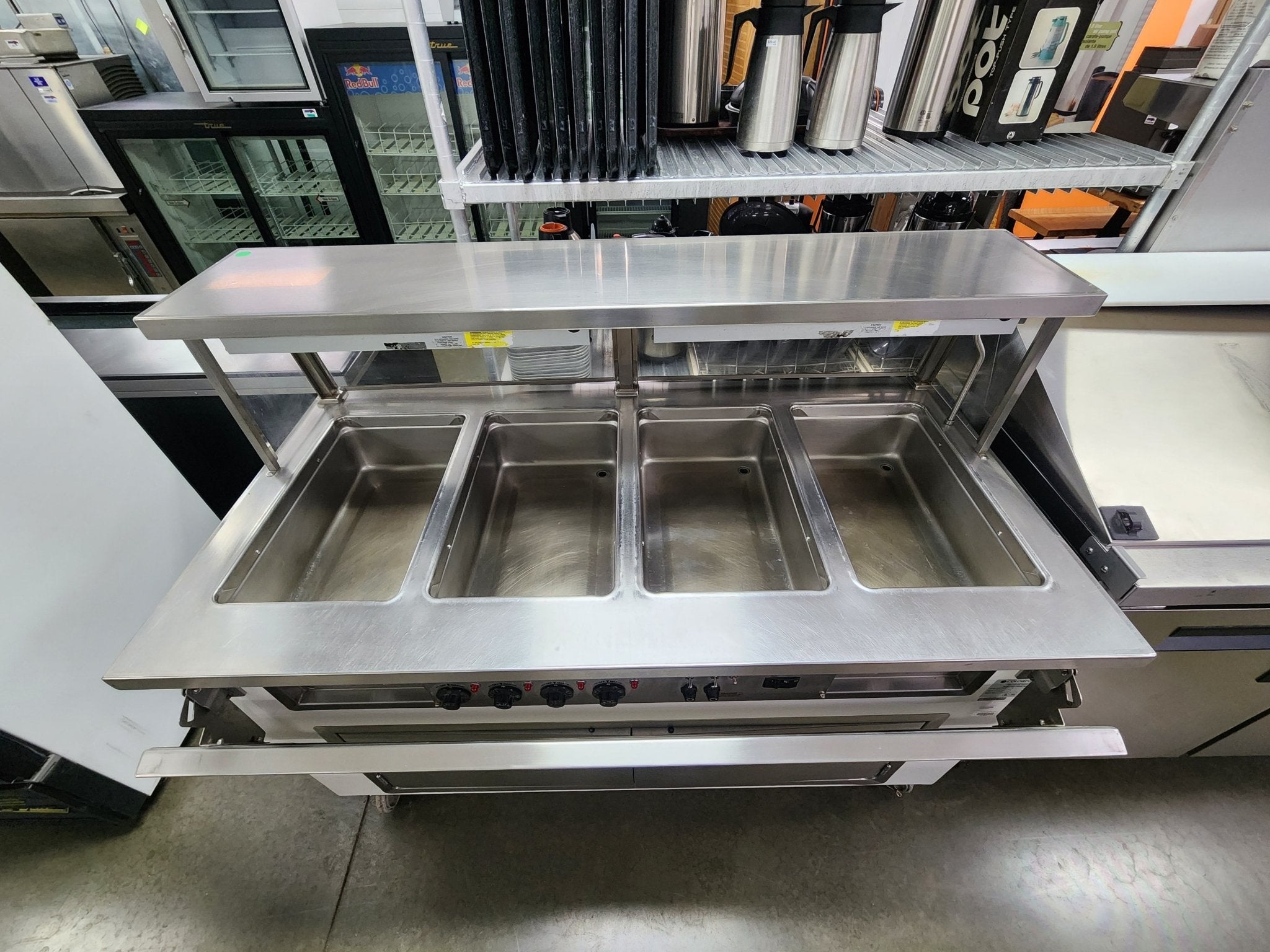 Used Colorpoint 5E4 - CPA - 4 Open Well Steam Table with folding service shelves on each side - Falcon Restaurant Supply - 2