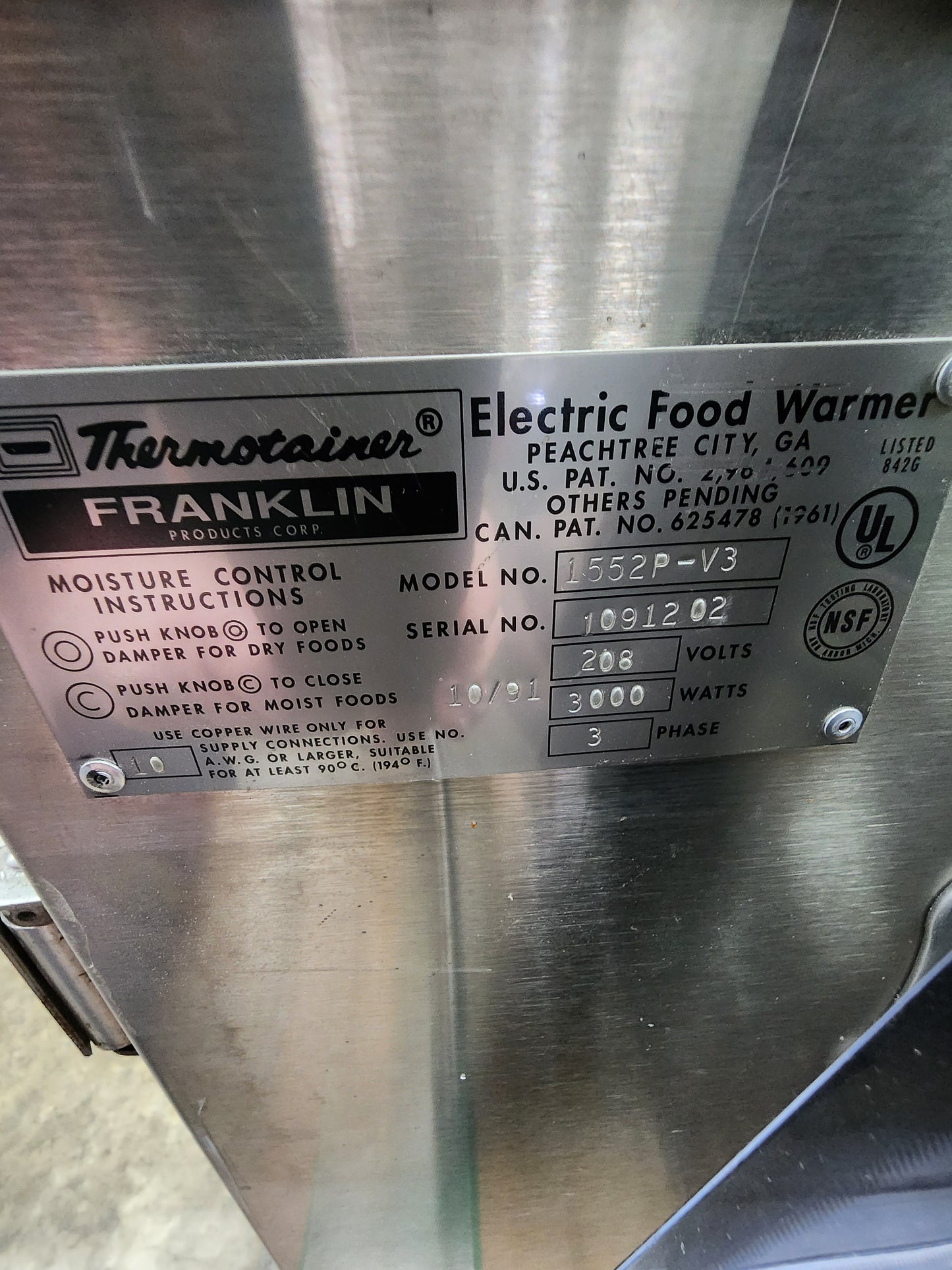 Used Thermotainer 1552P-V3 Thermal Container, Free-Standing Pass-Thru Electric Food Warmer