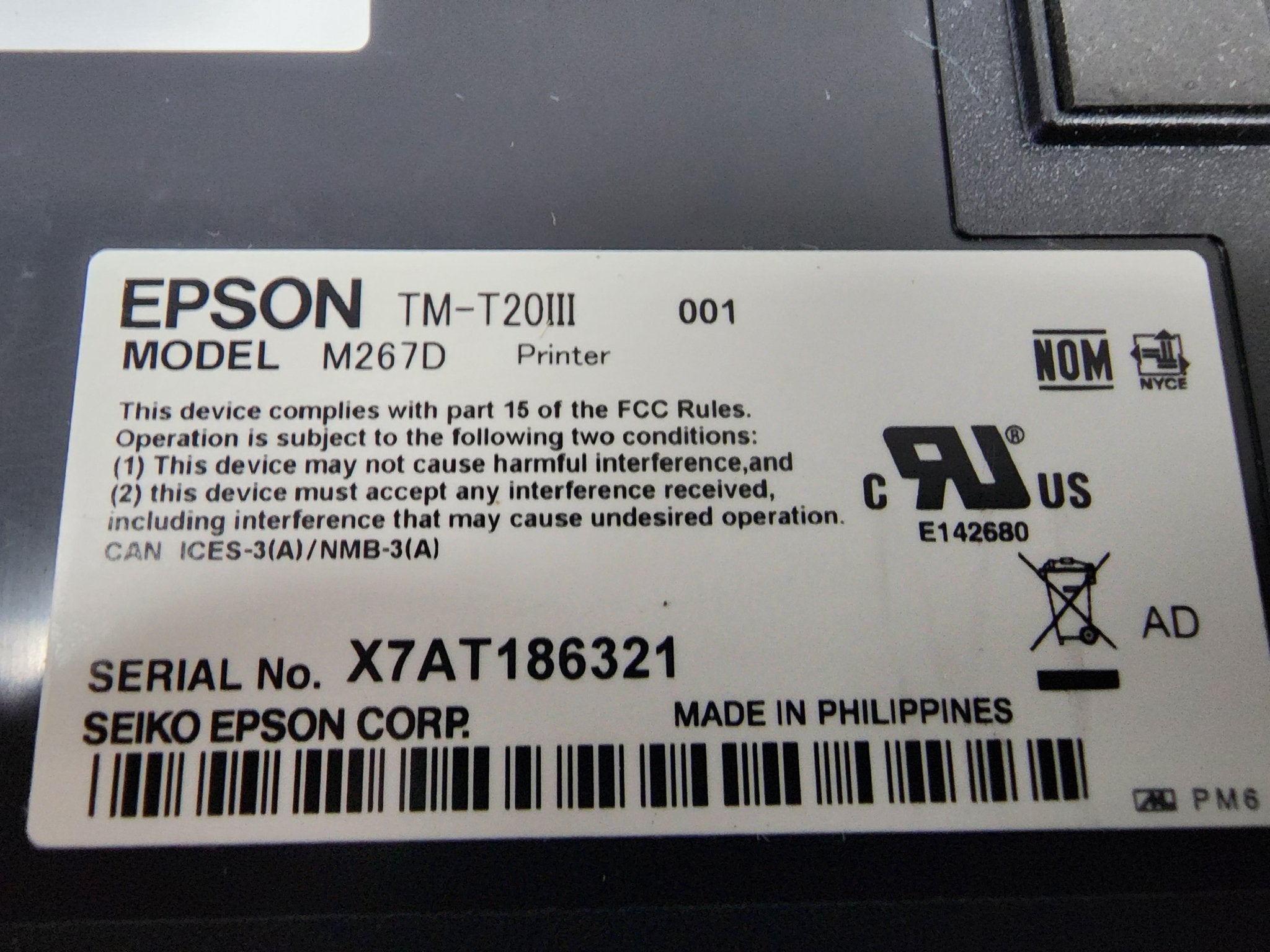 Used EPSON TM - T20III M267D Printer works with Toast POS - Falcon Restaurant Supply - 3