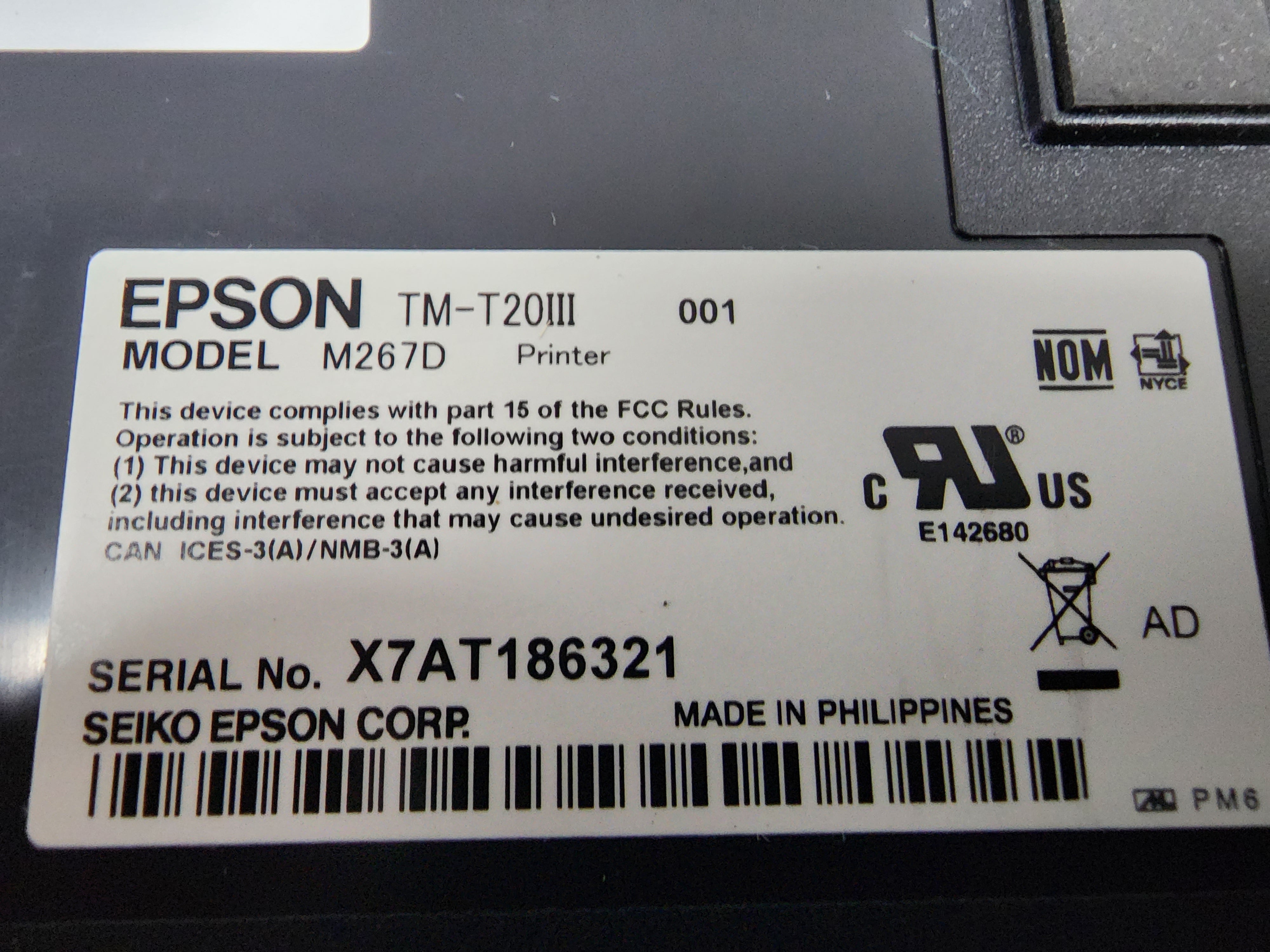 Used EPSON TM-T20III M267D Printer works with Toast POS