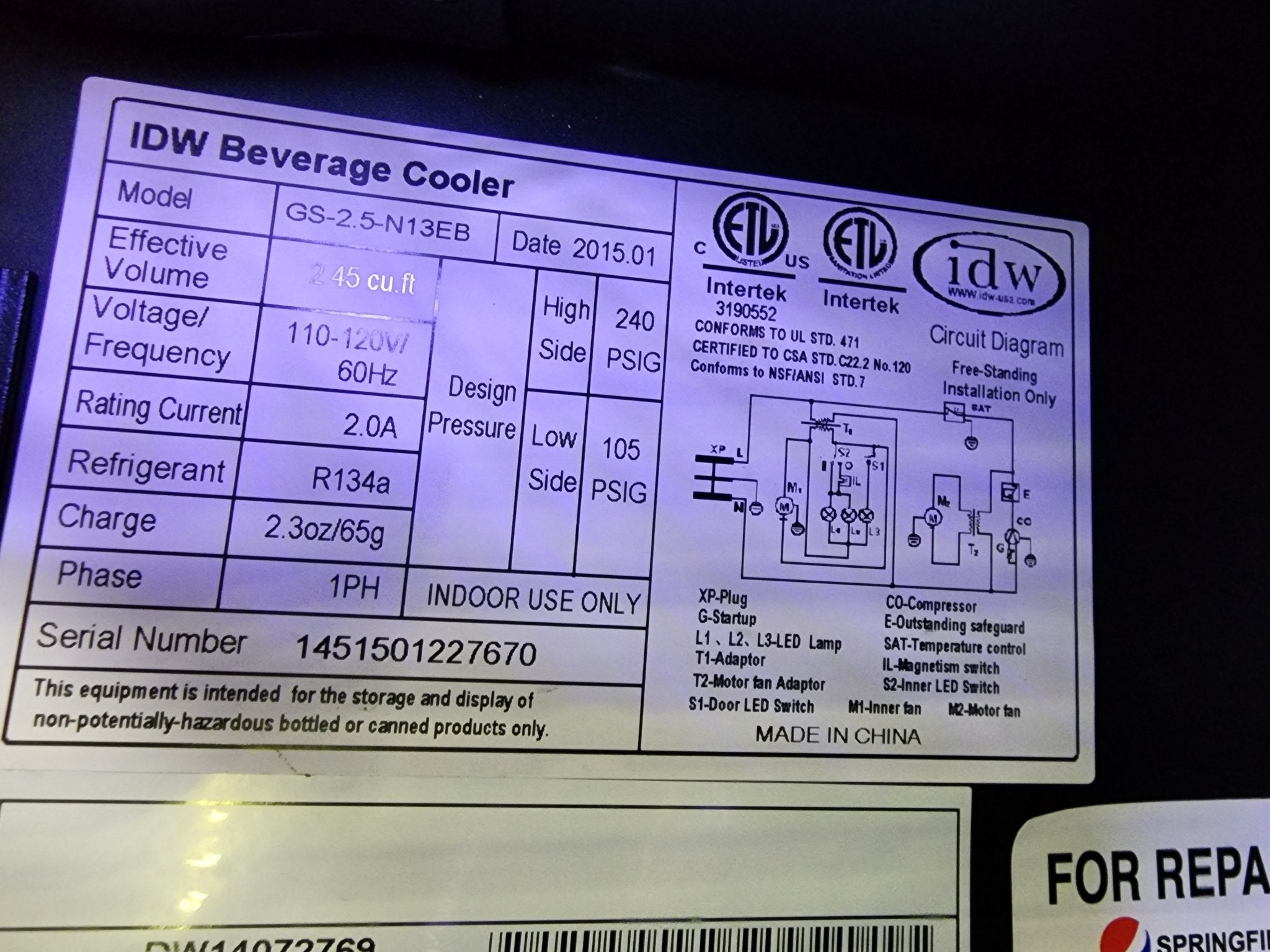 Used IDW Beverage Cooler GS - 2.5 - N13EB Reach - In Refrigerator 120V - Falcon Restaurant Supply - 9