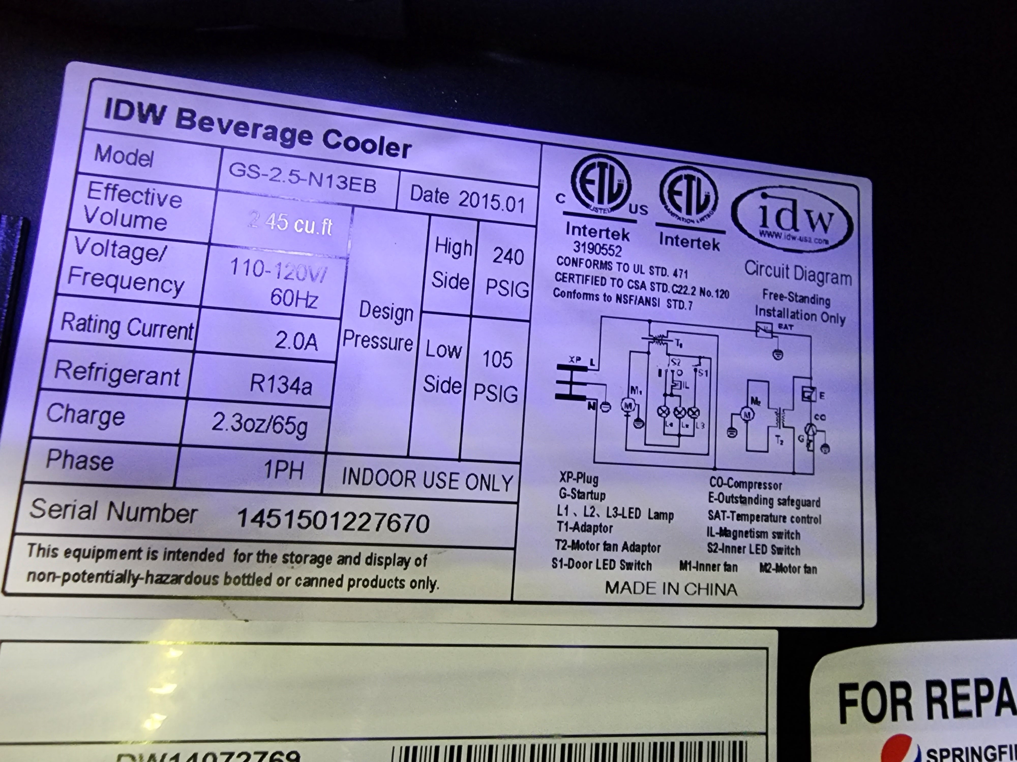 Used IDW Beverage Cooler GS-2.5-N13EB Reach-In Refrigerator 120V