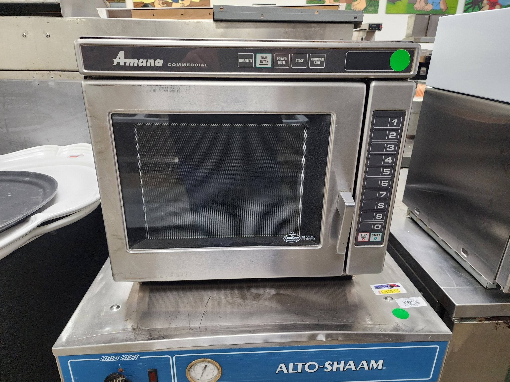 Used Amana Heavy - Duty Stainless Steel Commercial Microwave Oven with Push Button Controls – 1700W - Falcon Restaurant Supply - 1