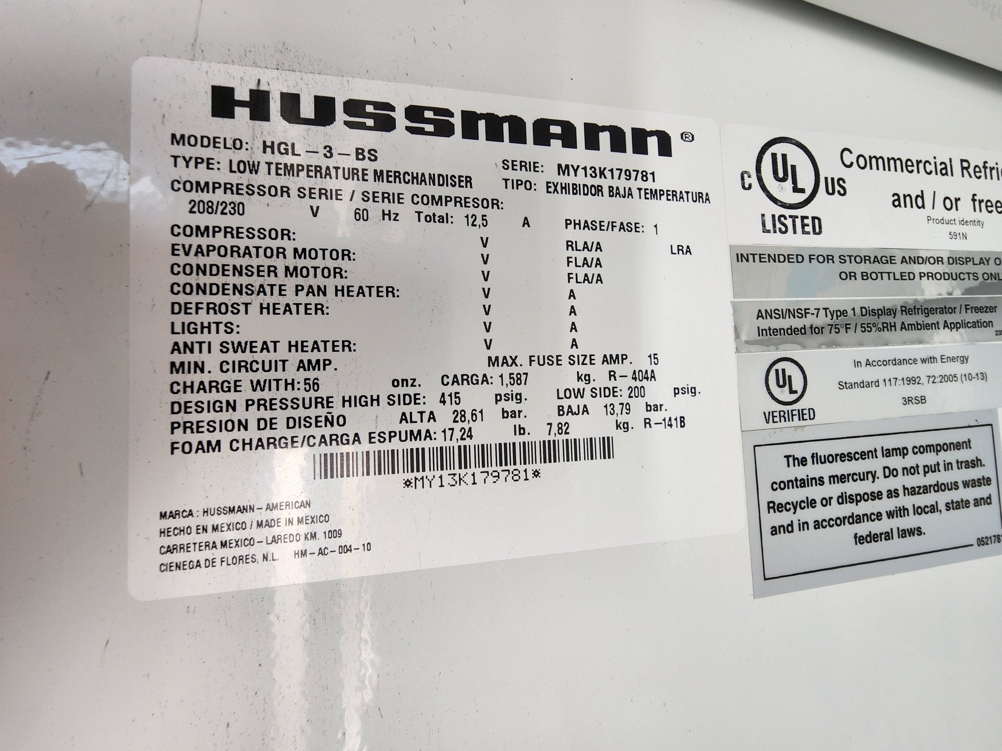 Used Hussmann HGL-3-BS 3 Door Reach-In Cooler Merchandising Freezer